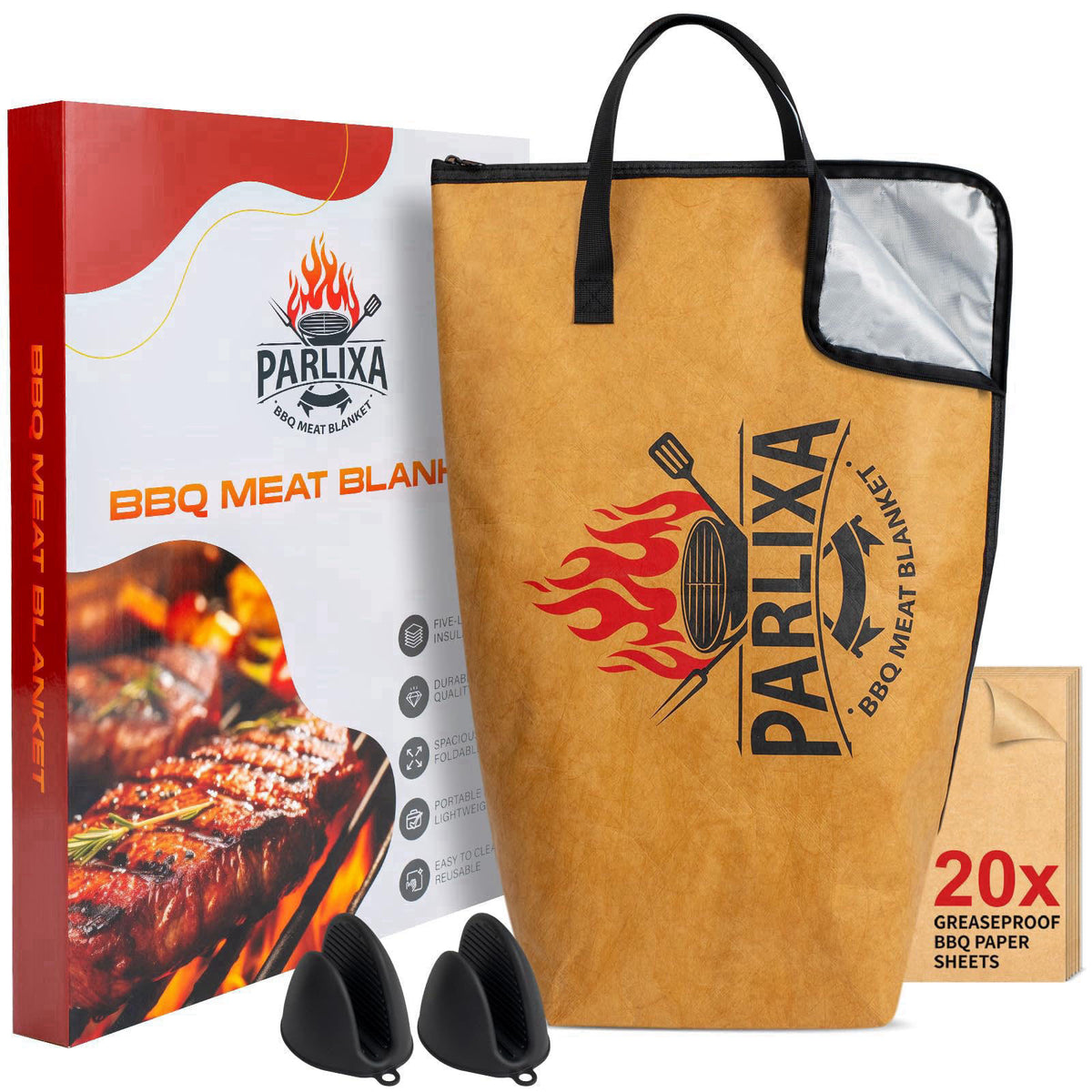 Parlixa BBQ Blanket for Resting Meat - 21" Insulated Meat Resting Bag with Silicone Gloves & Barbecue Paper - 5-Laye