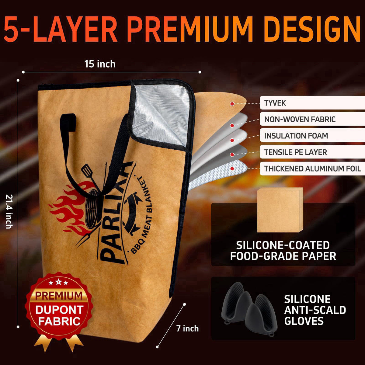 Parlixa BBQ Blanket for Resting Meat - 21" Insulated Meat Resting Bag with Silicone Gloves & Barbecue Paper - 5-Laye