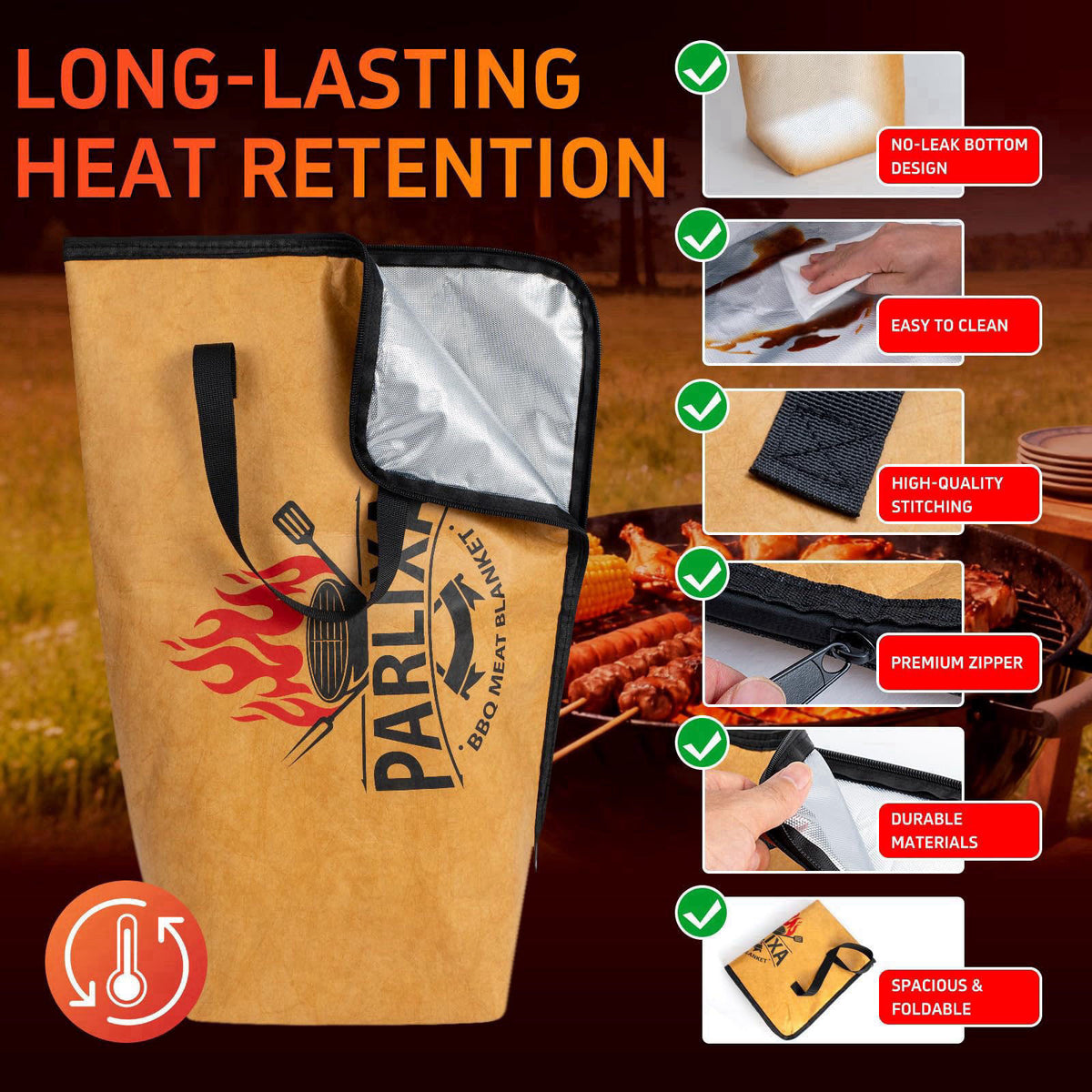 Parlixa BBQ Blanket for Resting Meat - 21" Insulated Meat Resting Bag with Silicone Gloves & Barbecue Paper - 5-Laye
