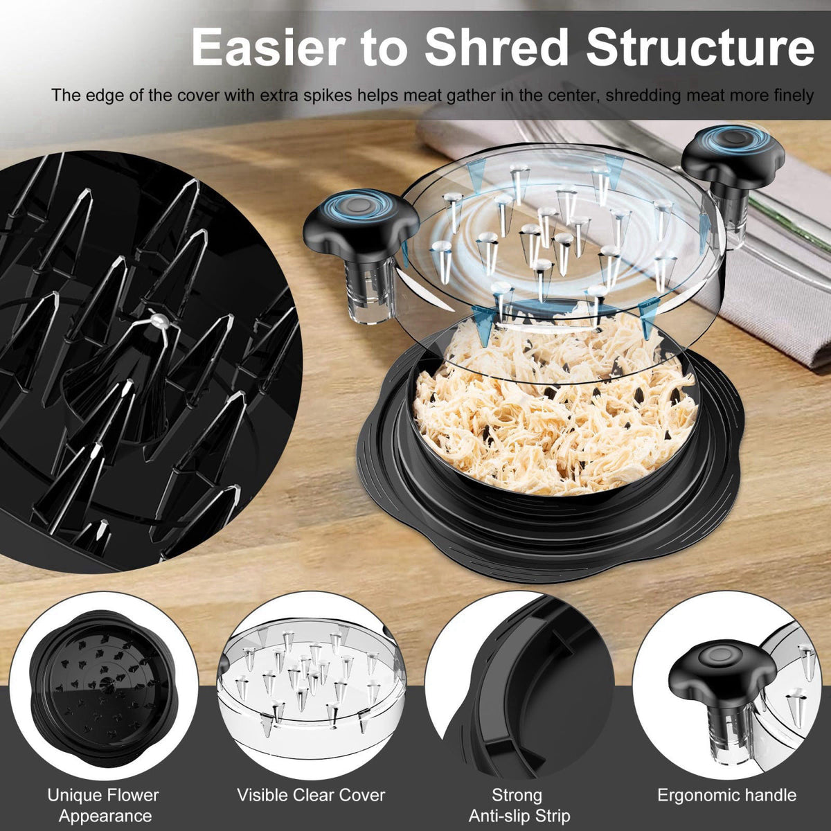 SURETIVIAN Chicken Shredder Tool Twist Large Meat Shredder with Brush&Fork, Black – packaging and label