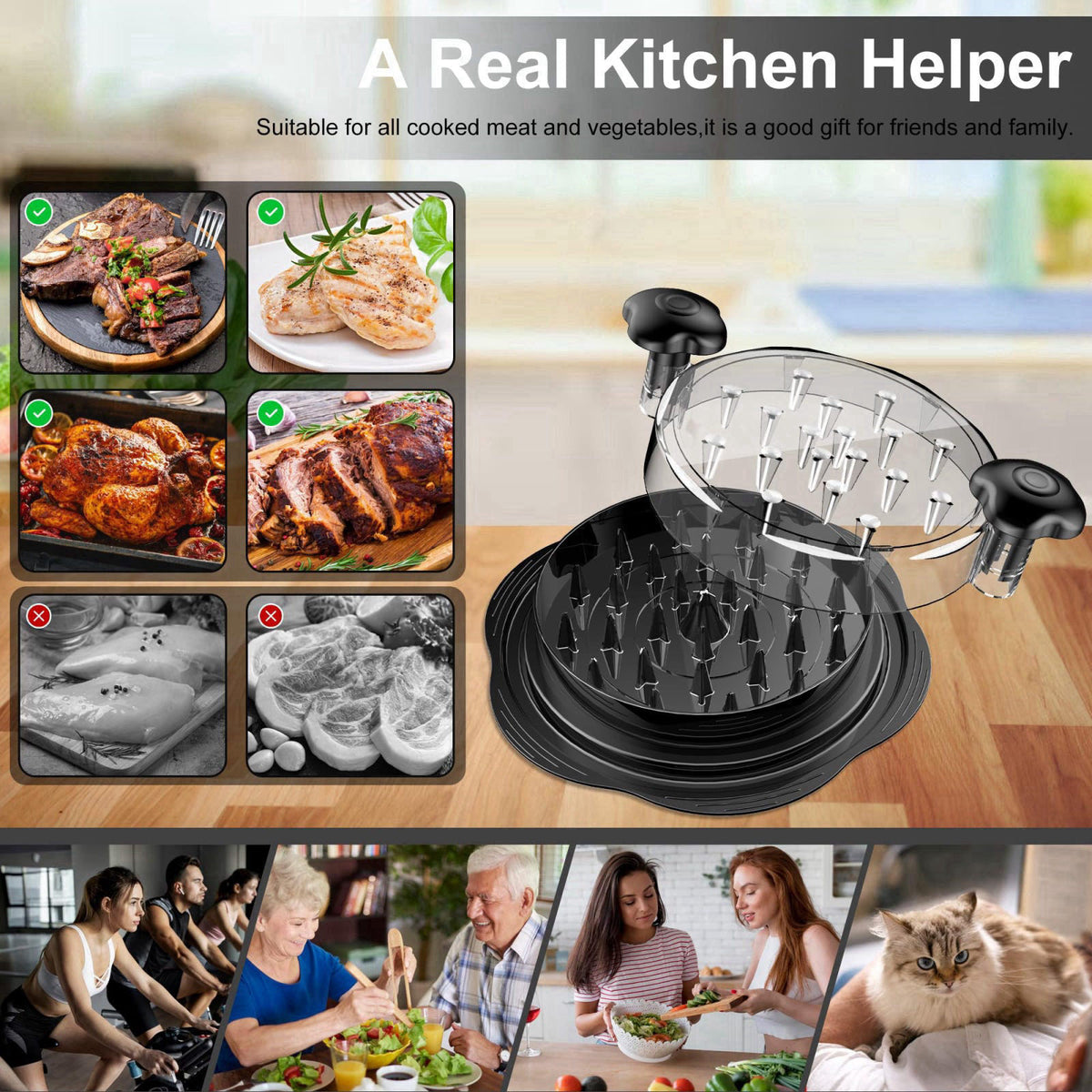 SURETIVIAN Chicken Shredder Tool Twist Large Meat Shredder with Brush&Fork, Black – back view and specifications