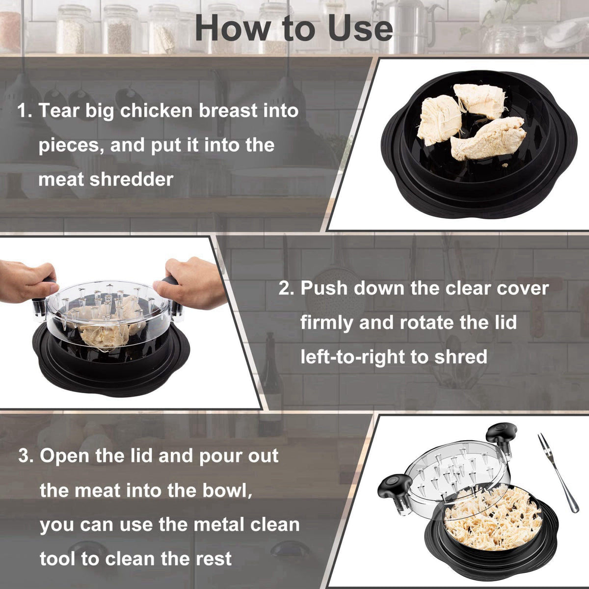 SURETIVIAN Chicken Shredder Tool Twist Large Meat Shredder with Brush&Fork, Black – alternate angle