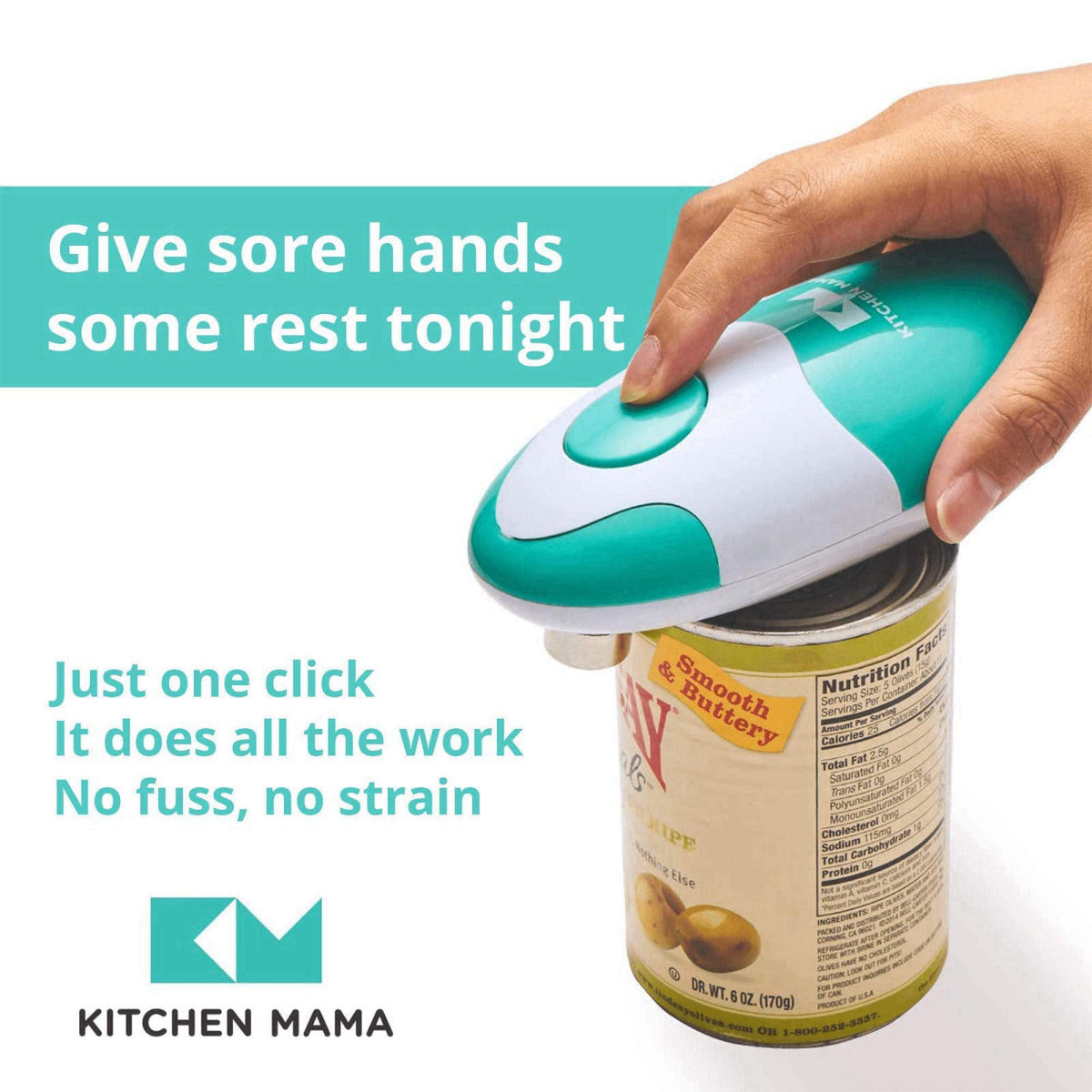 Kitchen Mama Auto Electric Can Opener, Battery Operated, Teal – packaging and label