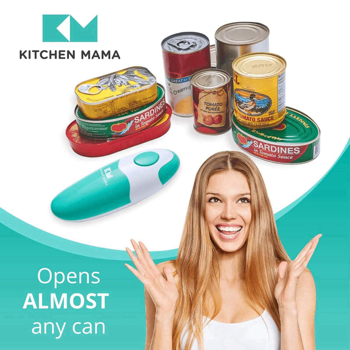 Kitchen Mama Auto Electric Can Opener, Battery Operated, Teal – back view and specifications