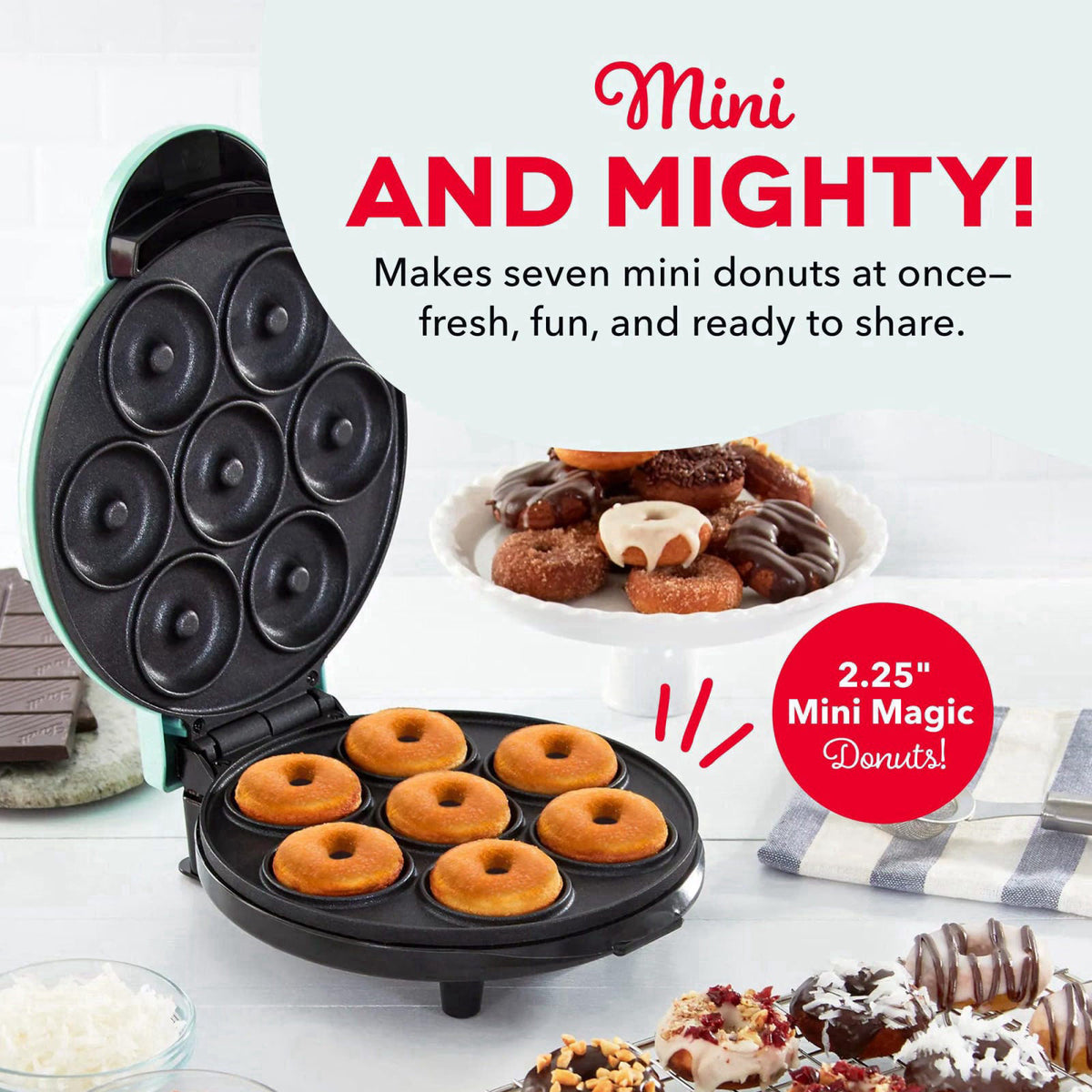 Dash Express Mini Donut Maker, 7 Donuts, Aqua – close-up detail in Aqua