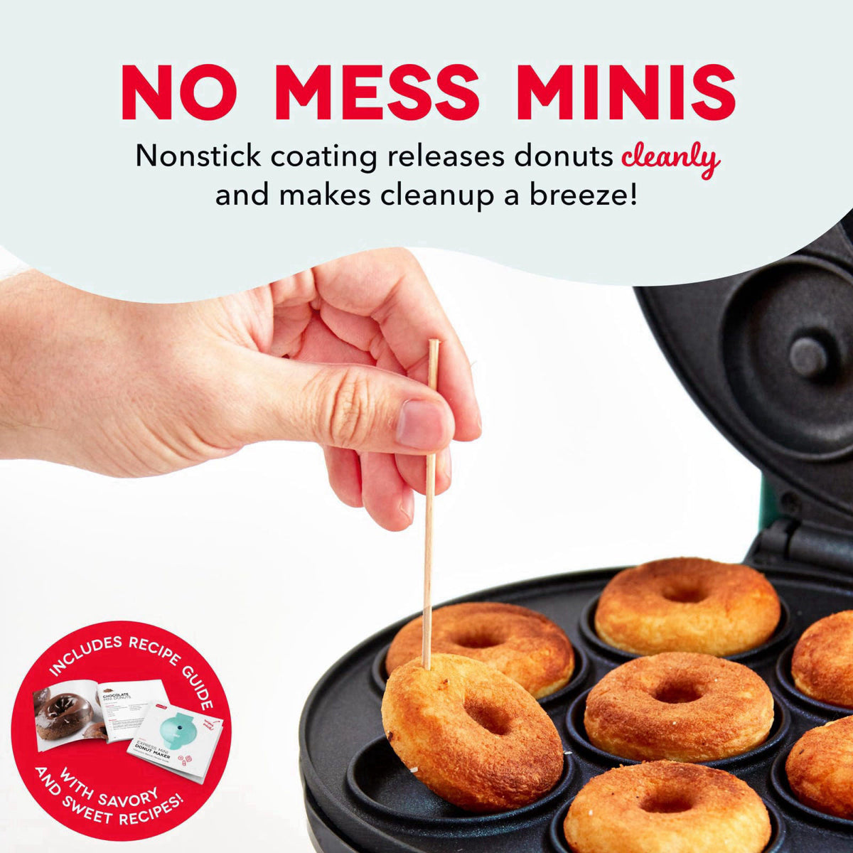 Dash Express Mini Donut Maker, 7 Donuts, Aqua – back view and specifications
