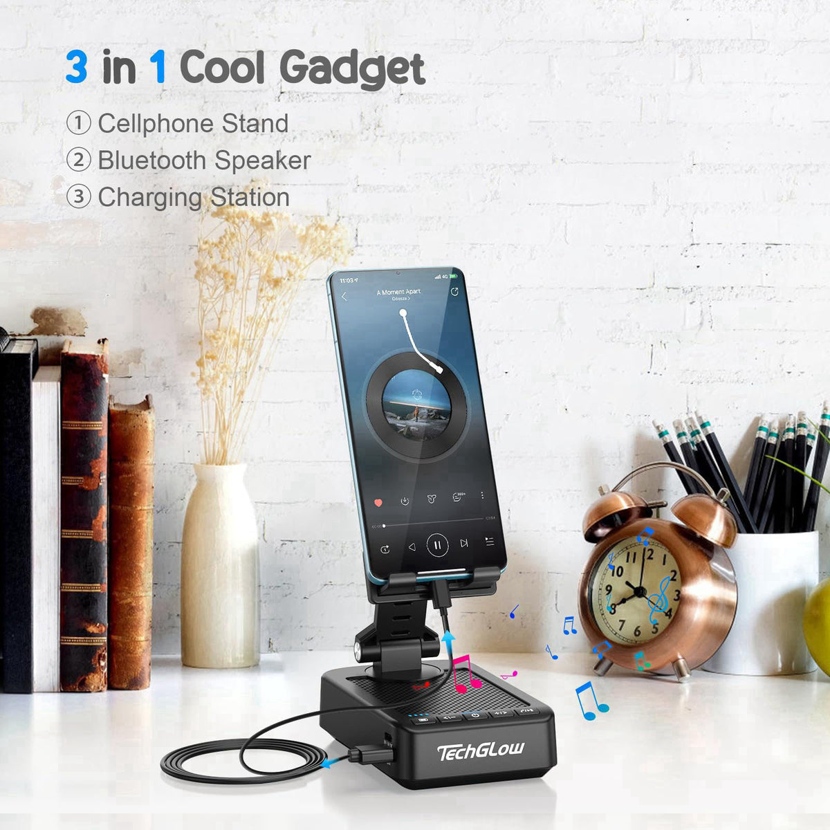 TechGlow Foldable Cellphone Stand with Bluetooth Speaker Charging Function 360° Rotatable Phone Stand Birthday Gifts for