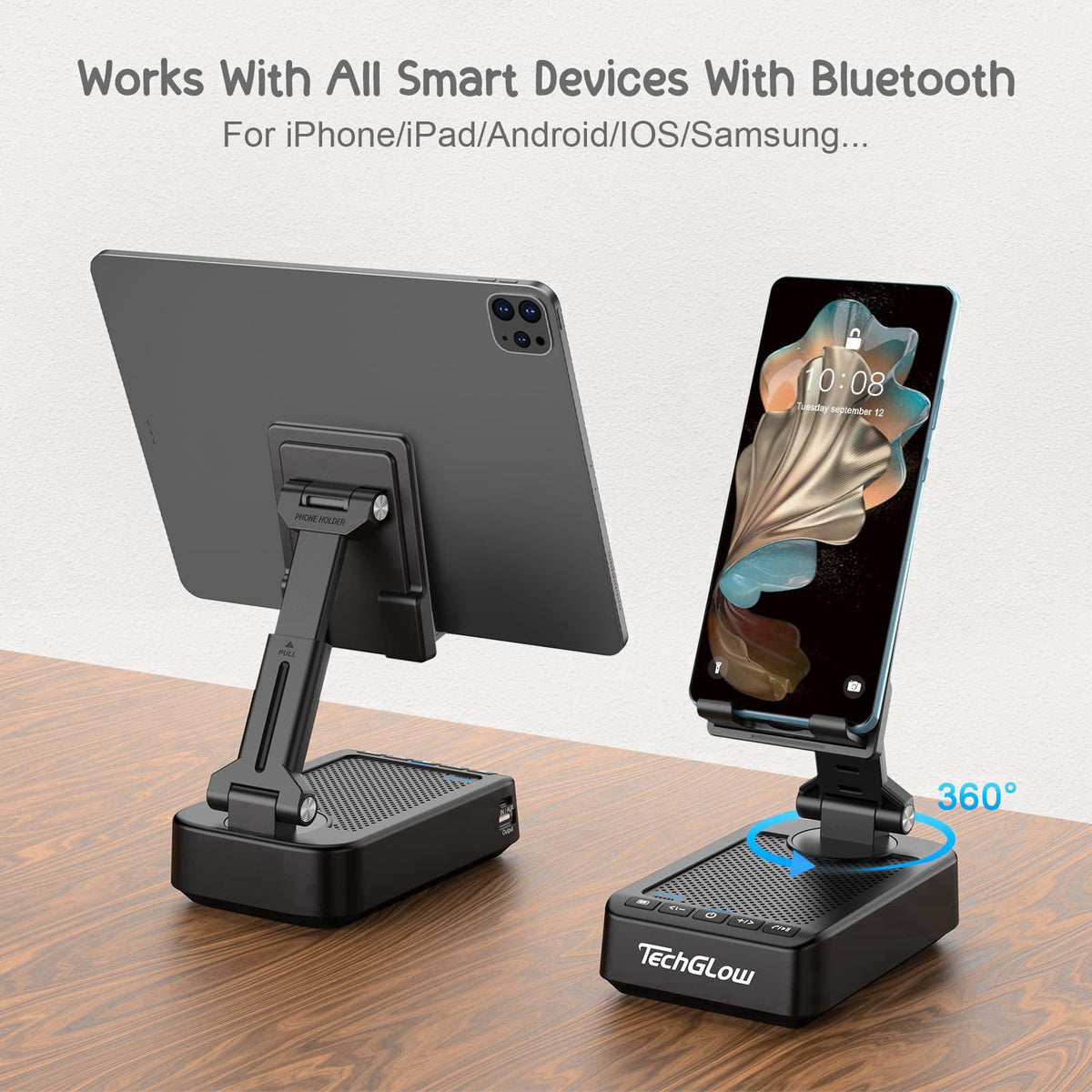 TechGlow Foldable Cellphone Stand with Bluetooth Speaker Charging Function 360° Rotatable Phone Stand Birthday Gifts for