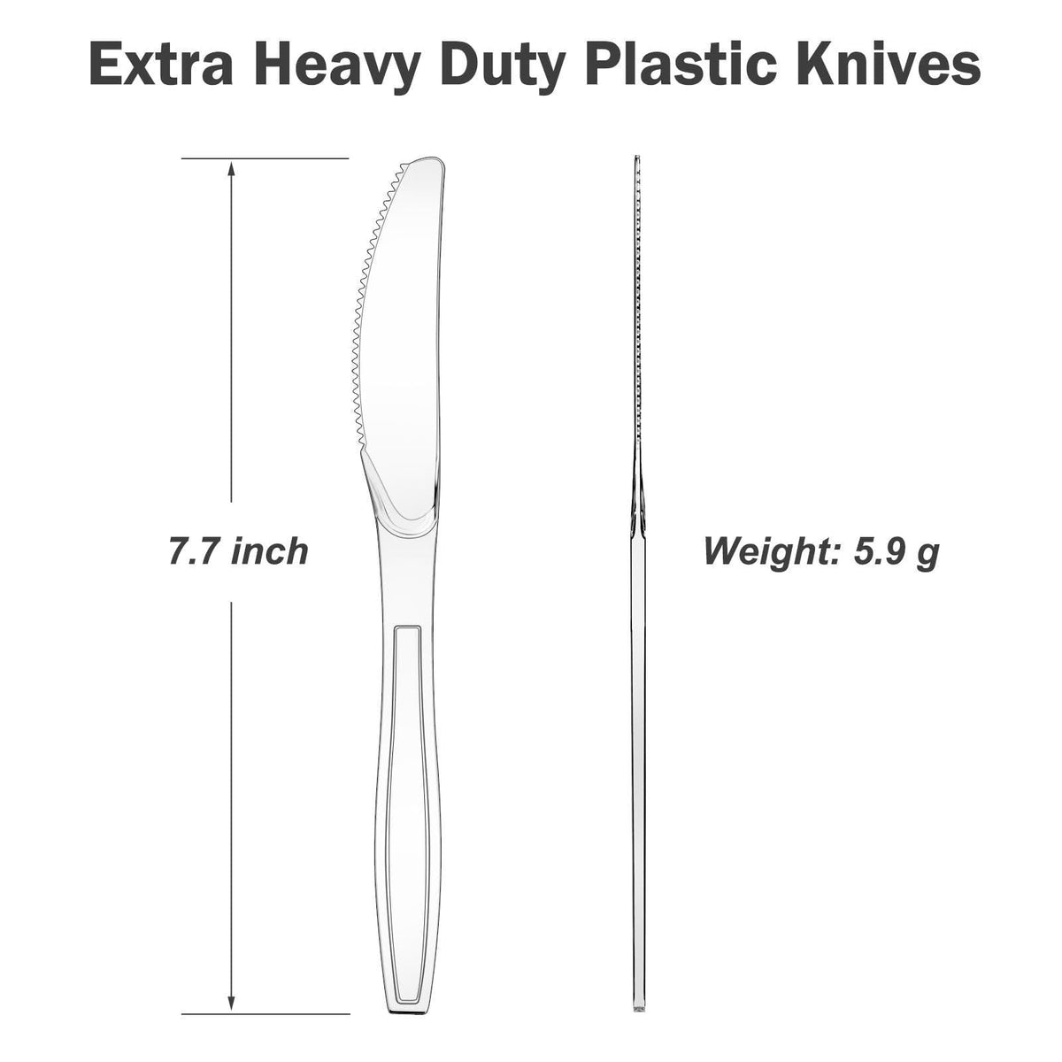 Dealusy 360 Count Extra Heavy Duty Clear Plastic Knives Disposable – packaging and label