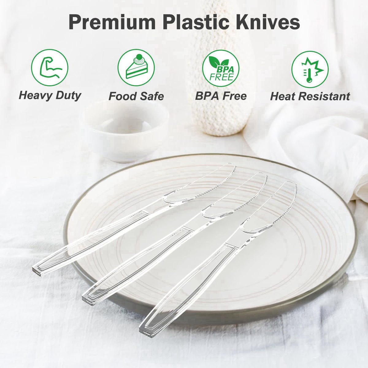 Dealusy 360 Count Extra Heavy Duty Clear Plastic Knives Disposable – full view