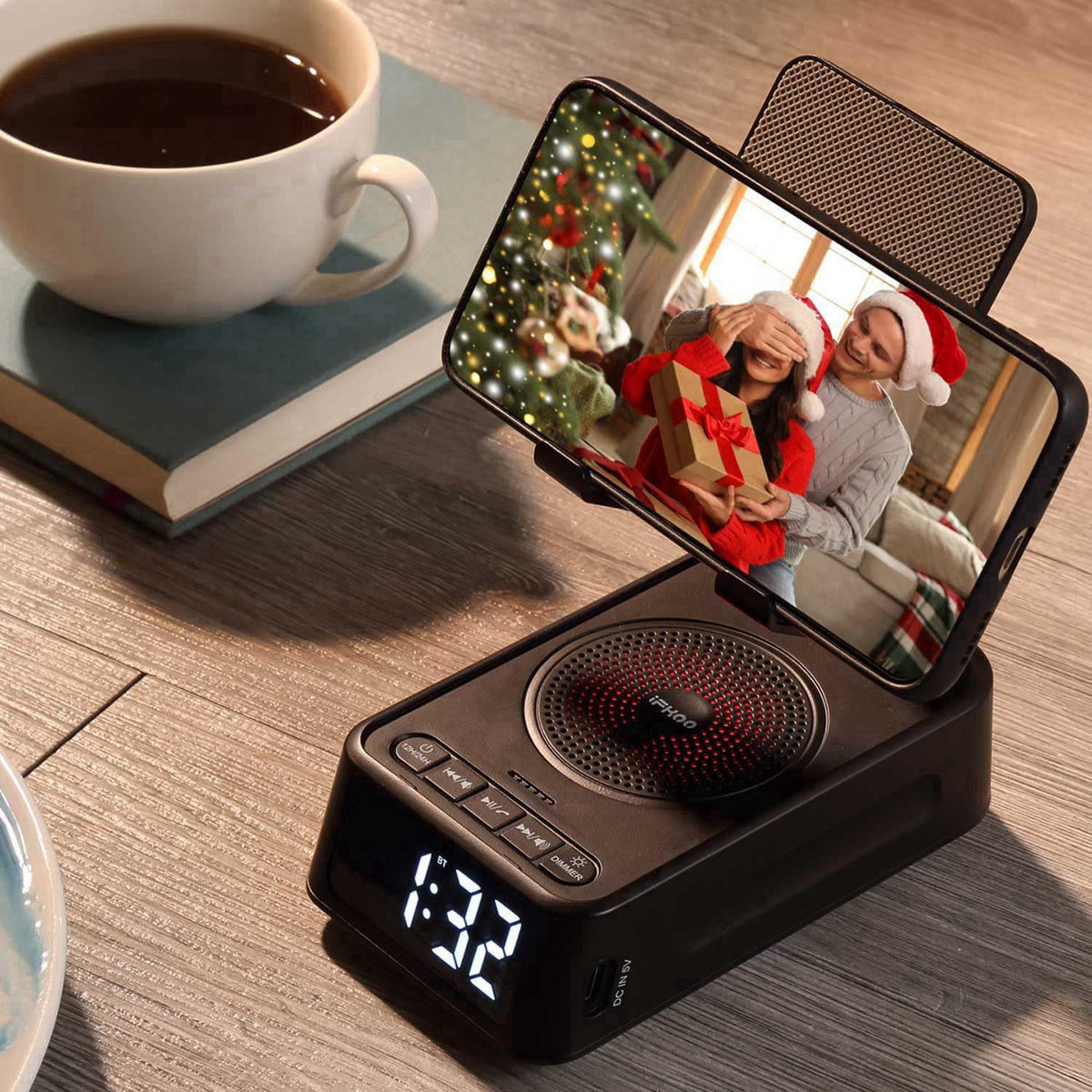 iFkoo Gifts for Men Women, Phone Stand with Bluetooth Speaker&Clock, Birthday Gifts for Him, Phone Holder with Wireless 