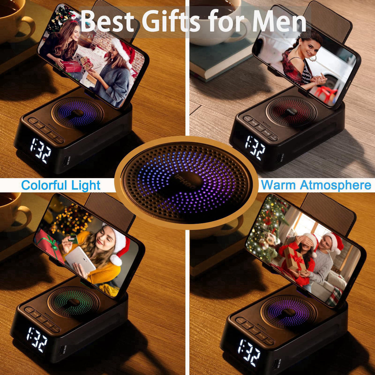iFkoo Gifts for Men Women, Phone Stand with Bluetooth Speaker&Clock, Birthday Gifts for Him, Phone Holder with Wireless 