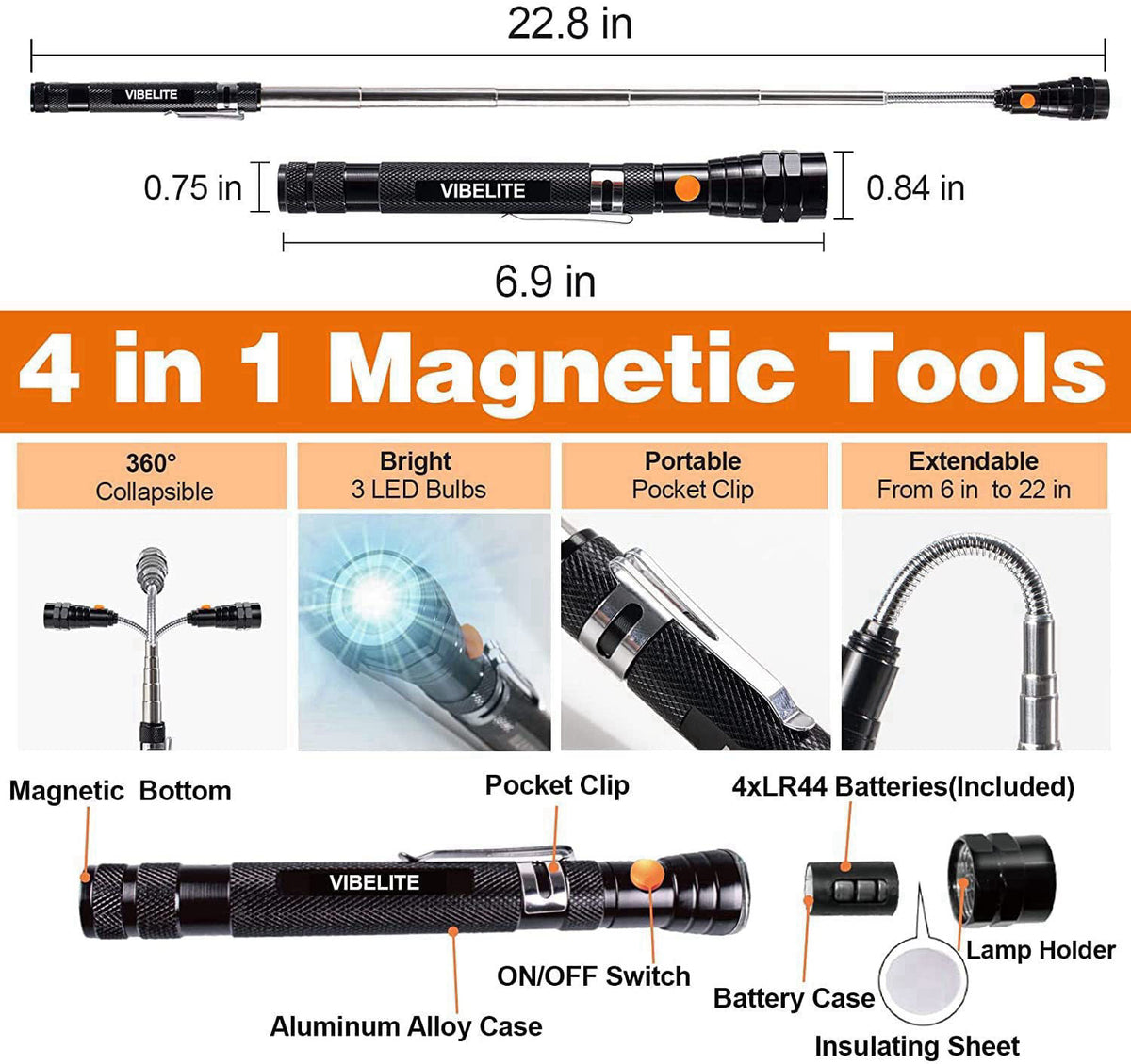 VIBELITE Magnetic Pickup Tool & 6 in 1 Multitool Pen, 2 Pack – close-up detail