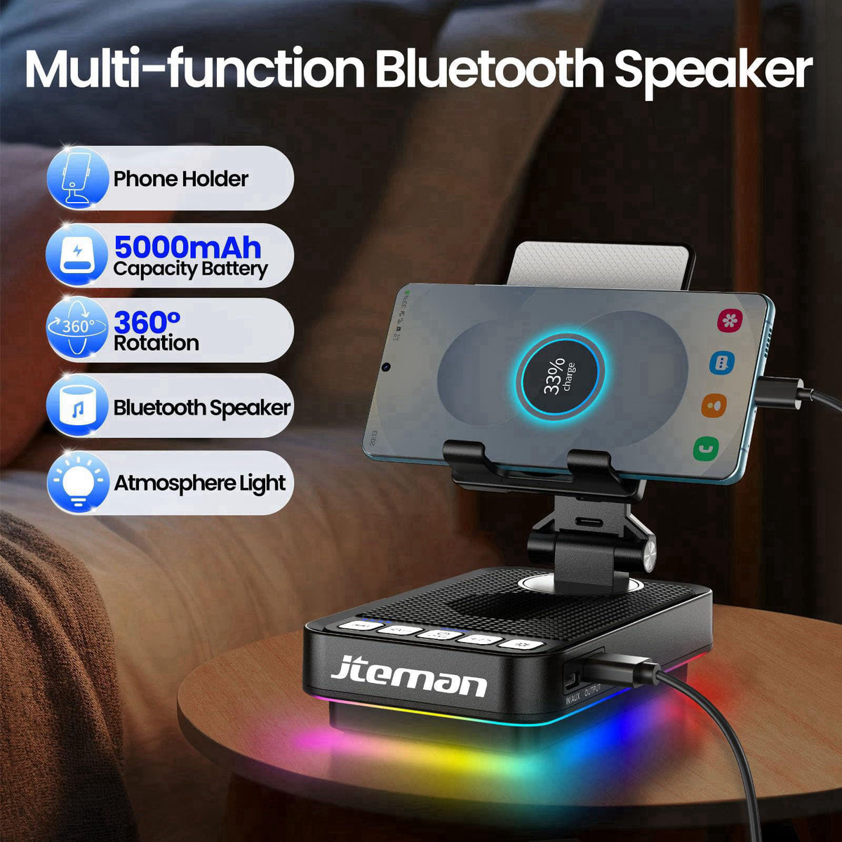 JTEMAN Gifts for Men Women Phone Stand Bluetooth Speaker with Light and Charging Function, 360 Rotating Phone Holder Coo