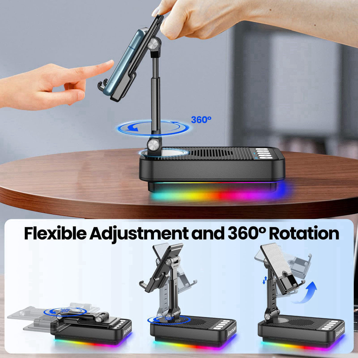 JTEMAN Gifts for Men Women Phone Stand Bluetooth Speaker with Light and Charging Function, 360 Rotating Phone Holder Coo