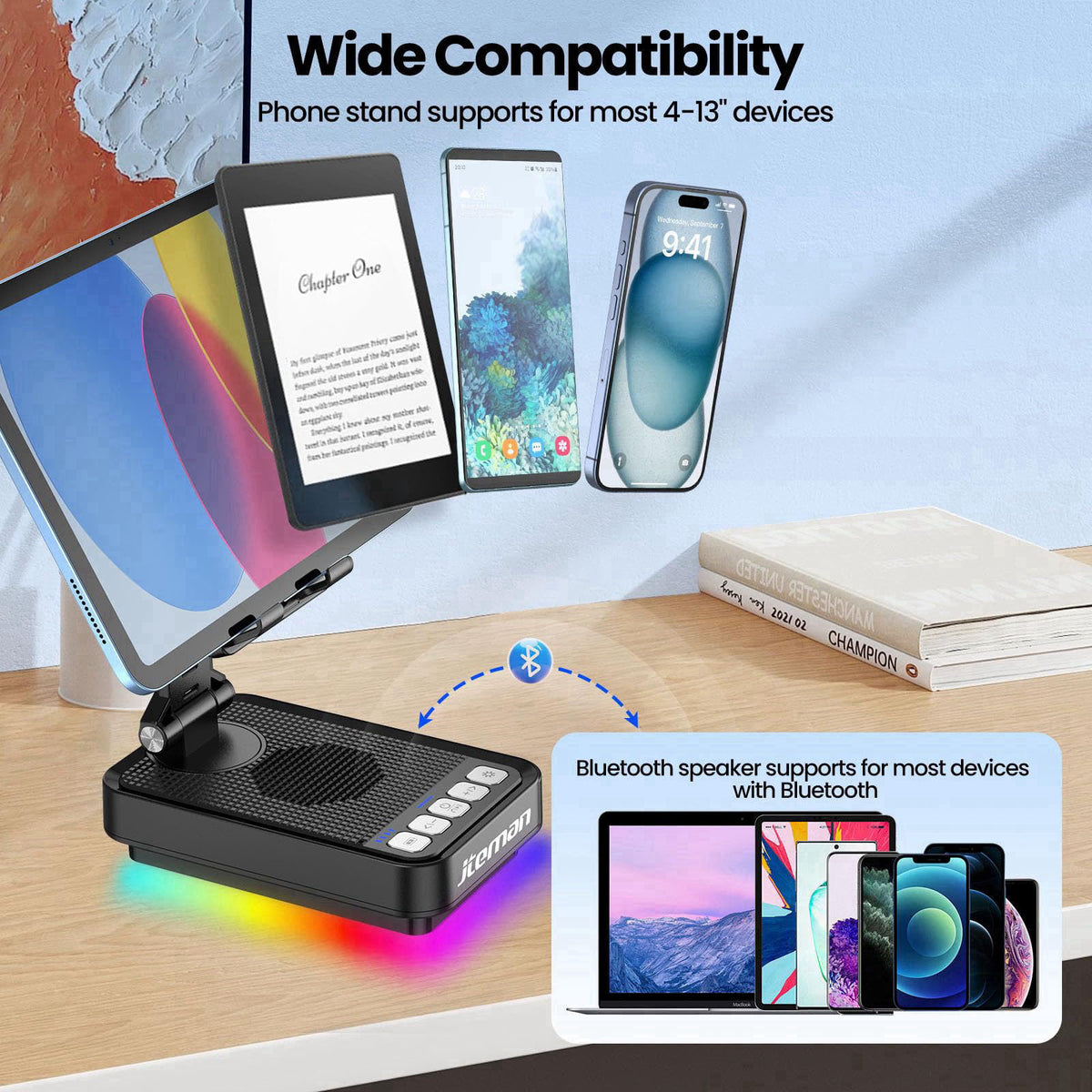 JTEMAN Gifts for Men Women Phone Stand Bluetooth Speaker with Light and Charging Function, 360 Rotating Phone Holder Coo