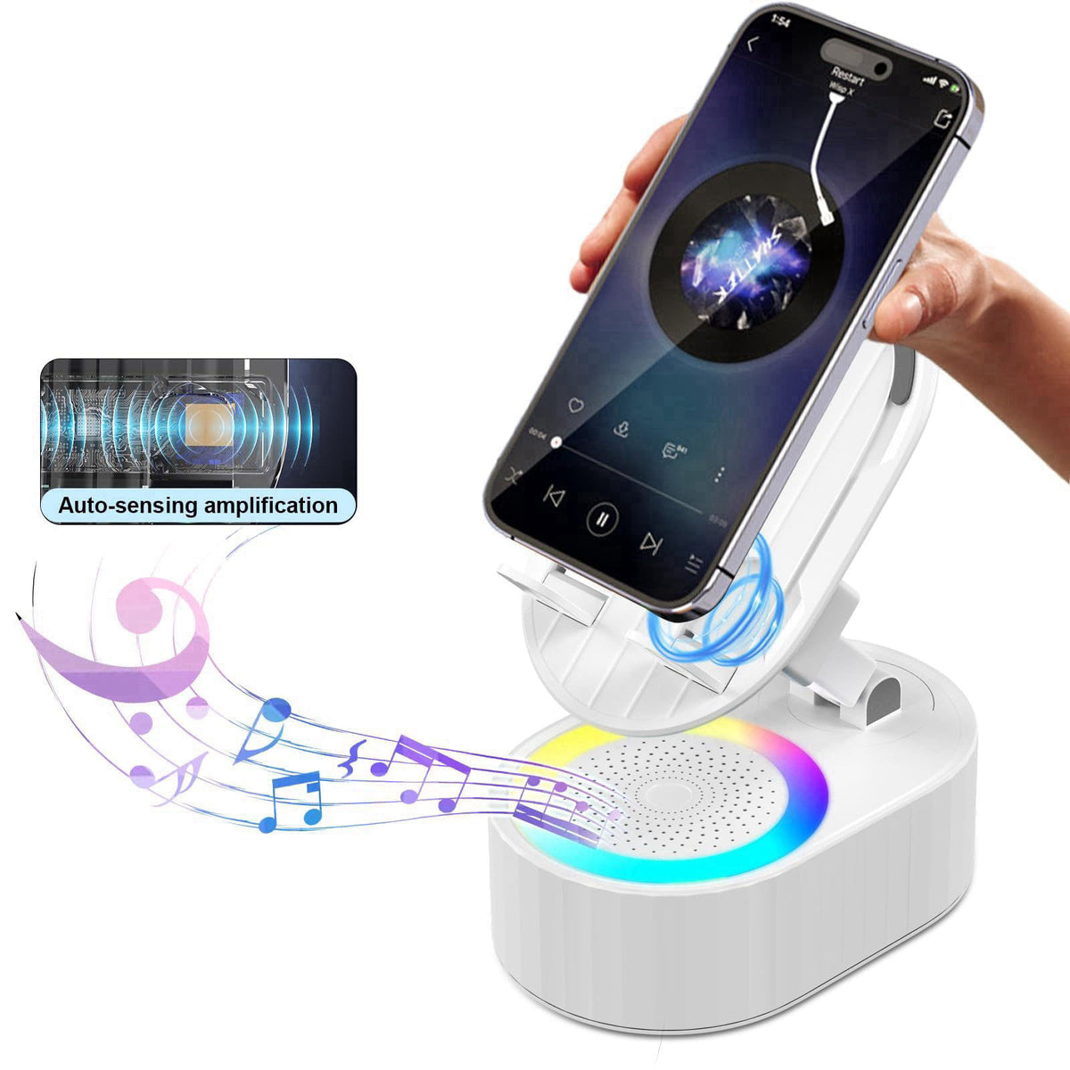 AKLLCCR Wireless Induction Audio Bluetooth Speaker 5in1 Phone Holder Emergency Rechargeable (3000mAh) with Colorful Ambi