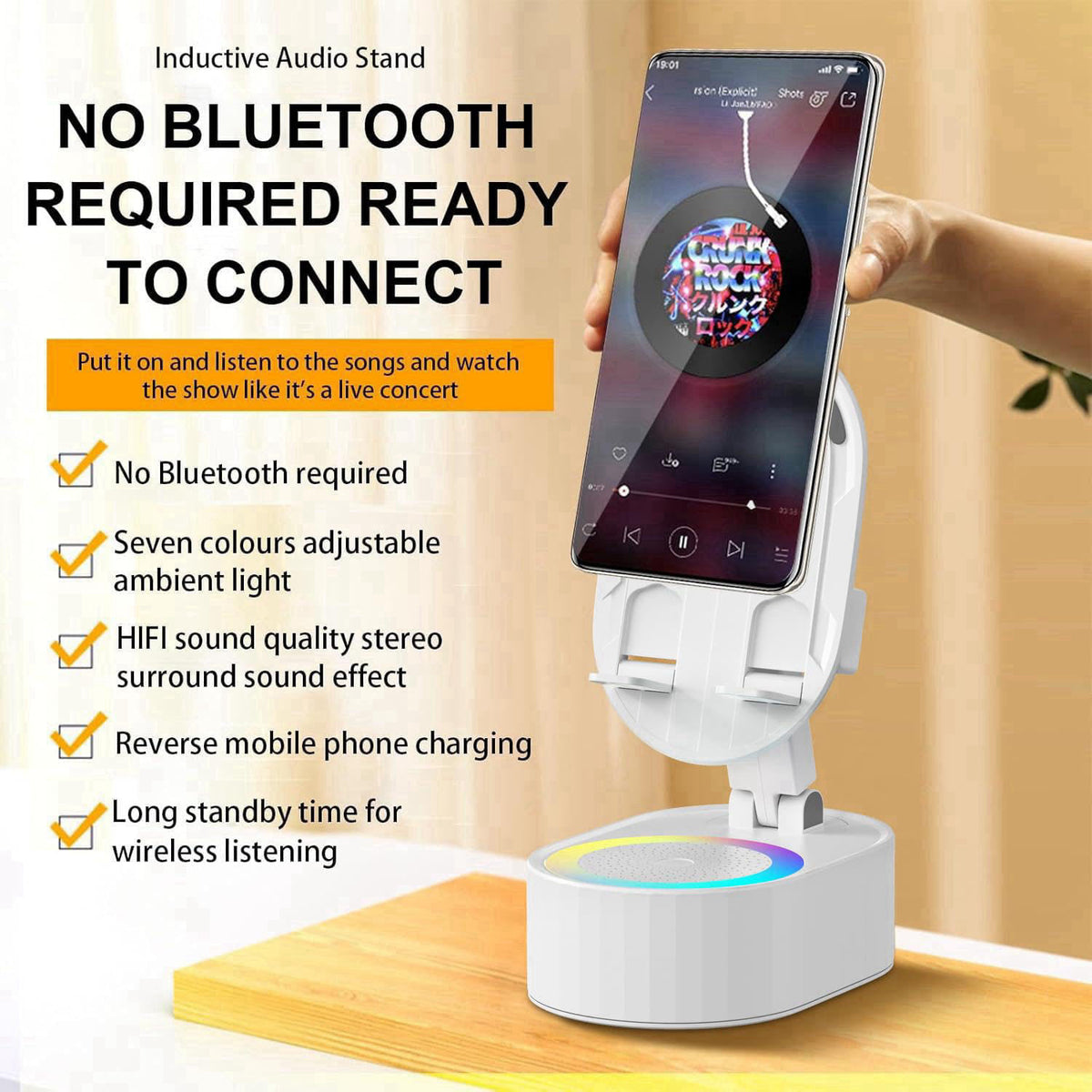 AKLLCCR Wireless Induction Audio Bluetooth Speaker 5in1 Phone Holder Emergency Rechargeable (3000mAh) with Colorful Ambi