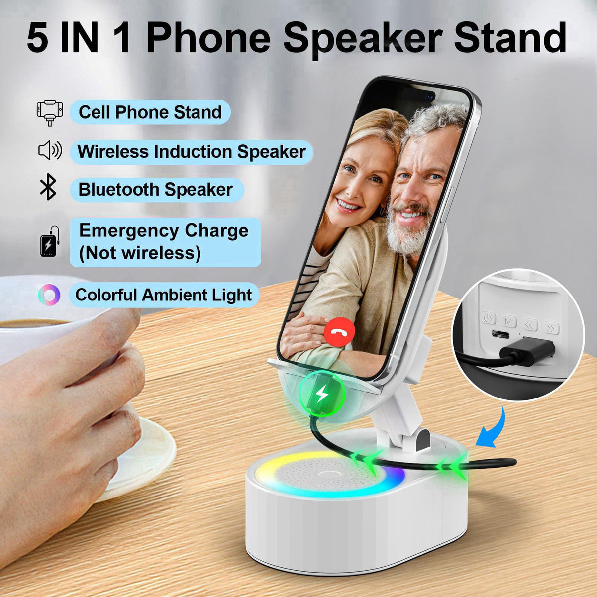 AKLLCCR Wireless Induction Audio Bluetooth Speaker 5in1 Phone Holder Emergency Rechargeable (3000mAh) with Colorful Ambi