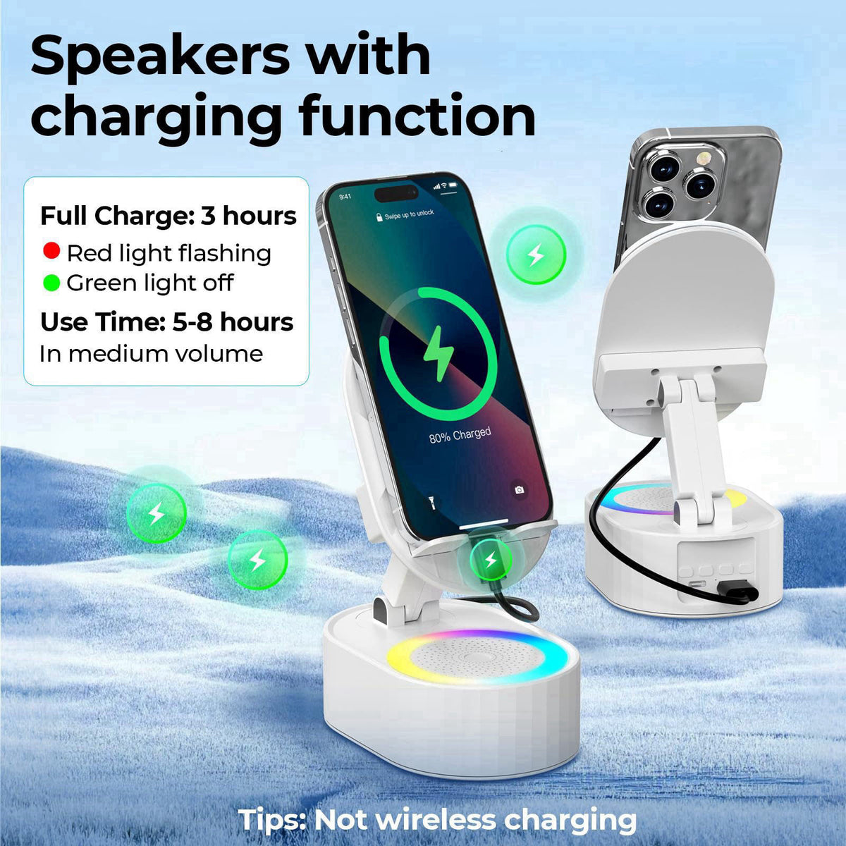 AKLLCCR Wireless Induction Audio Bluetooth Speaker 5in1 Phone Holder Emergency Rechargeable (3000mAh) with Colorful Ambi