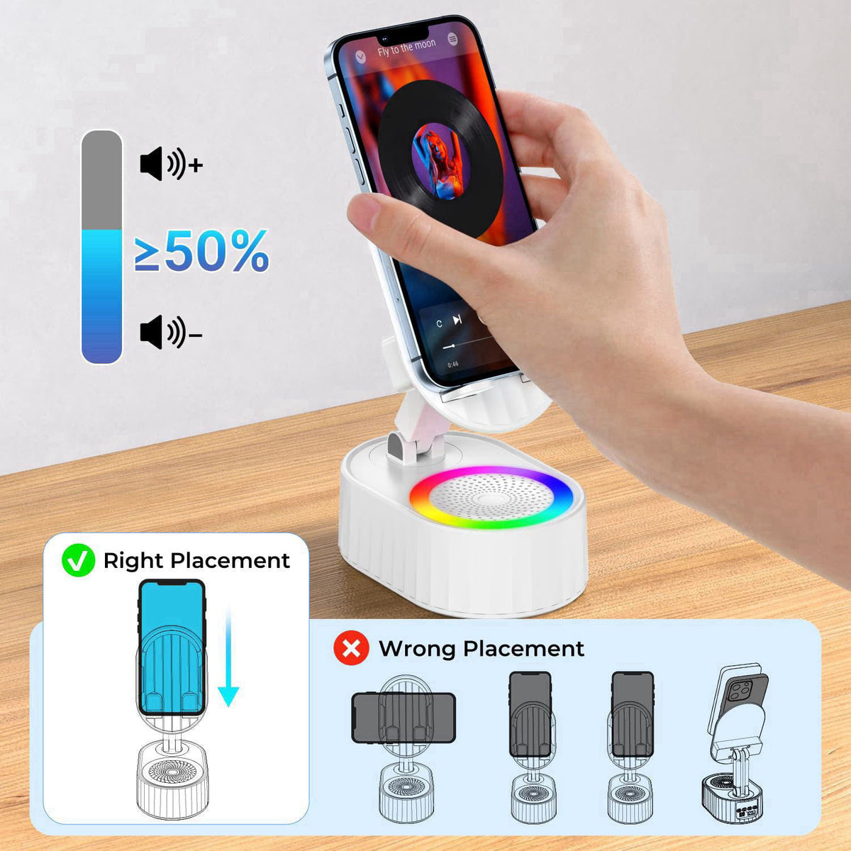 AKLLCCR Wireless Induction Audio Bluetooth Speaker 5in1 Phone Holder Emergency Rechargeable (3000mAh) with Colorful Ambi