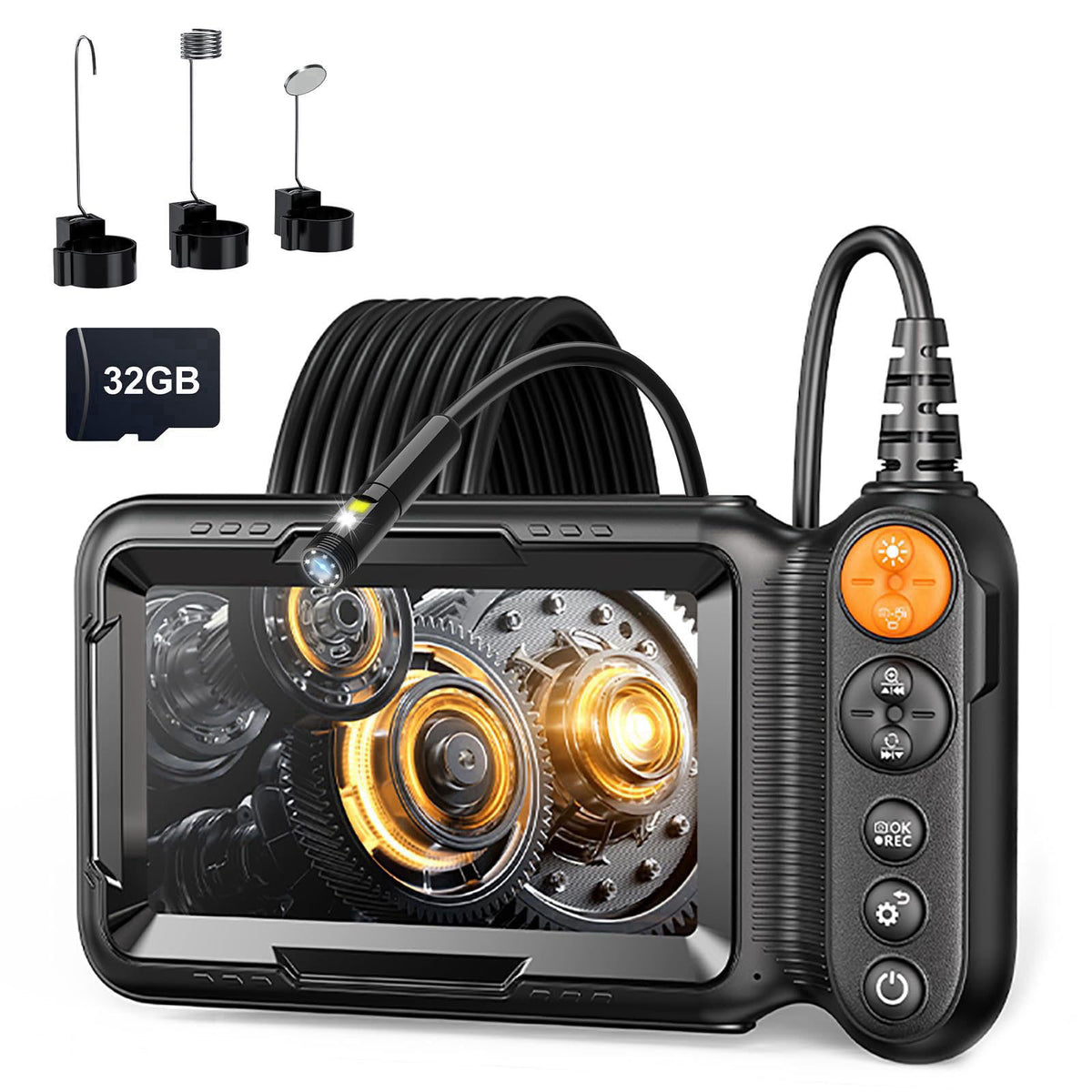 WINWEND Dual-Lens Endoscope Camera with Light, Borescope with 5" IPS Screen, Photo & Record Video Inspection Cameras