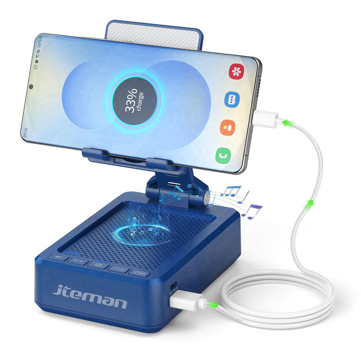 JTEMAN Cell Phone Stand with Bluetooth Speaker and Charging Function – Blue, Plastic