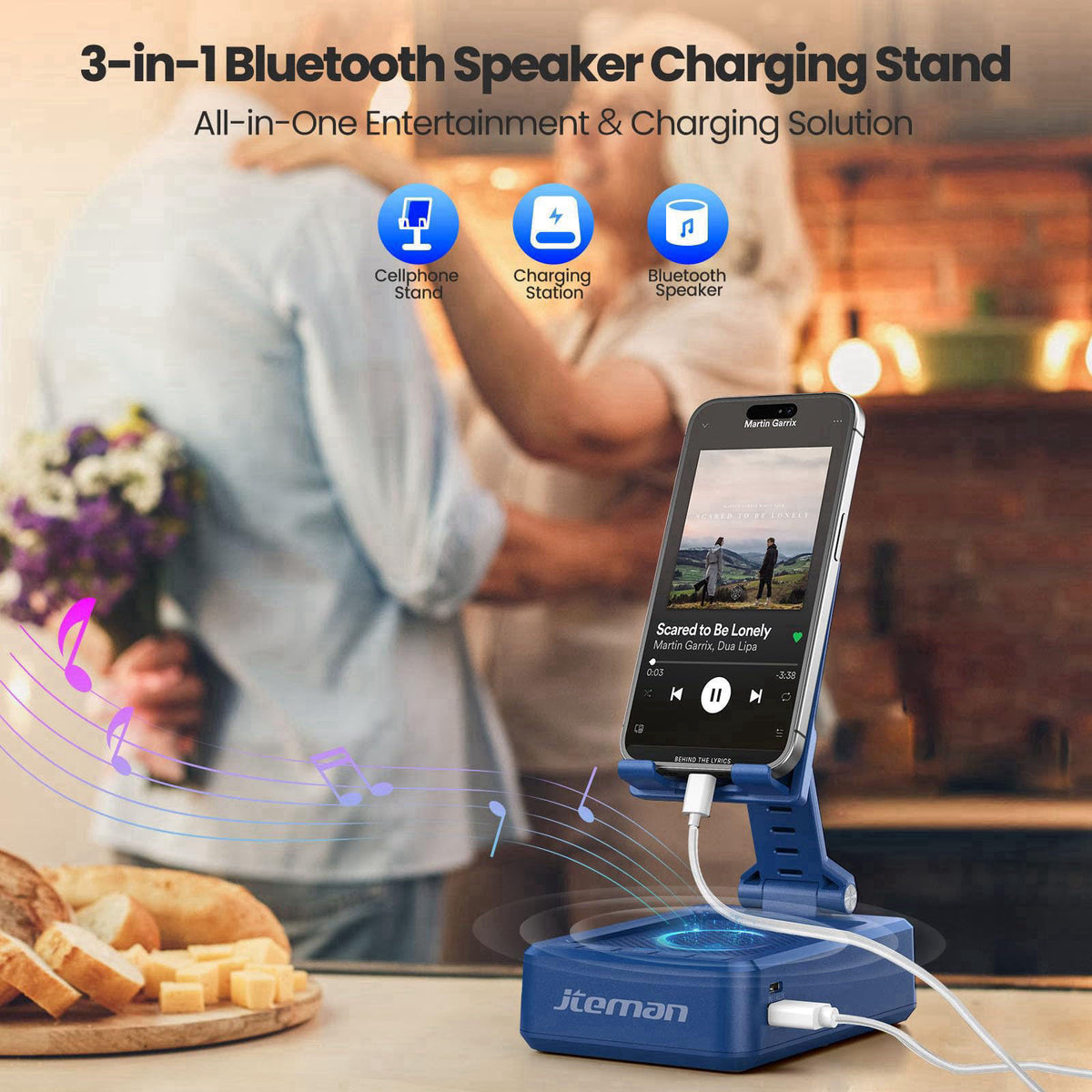 JTEMAN Cell Phone Stand with Bluetooth Speaker and Charging Function – close-up detail in Blue