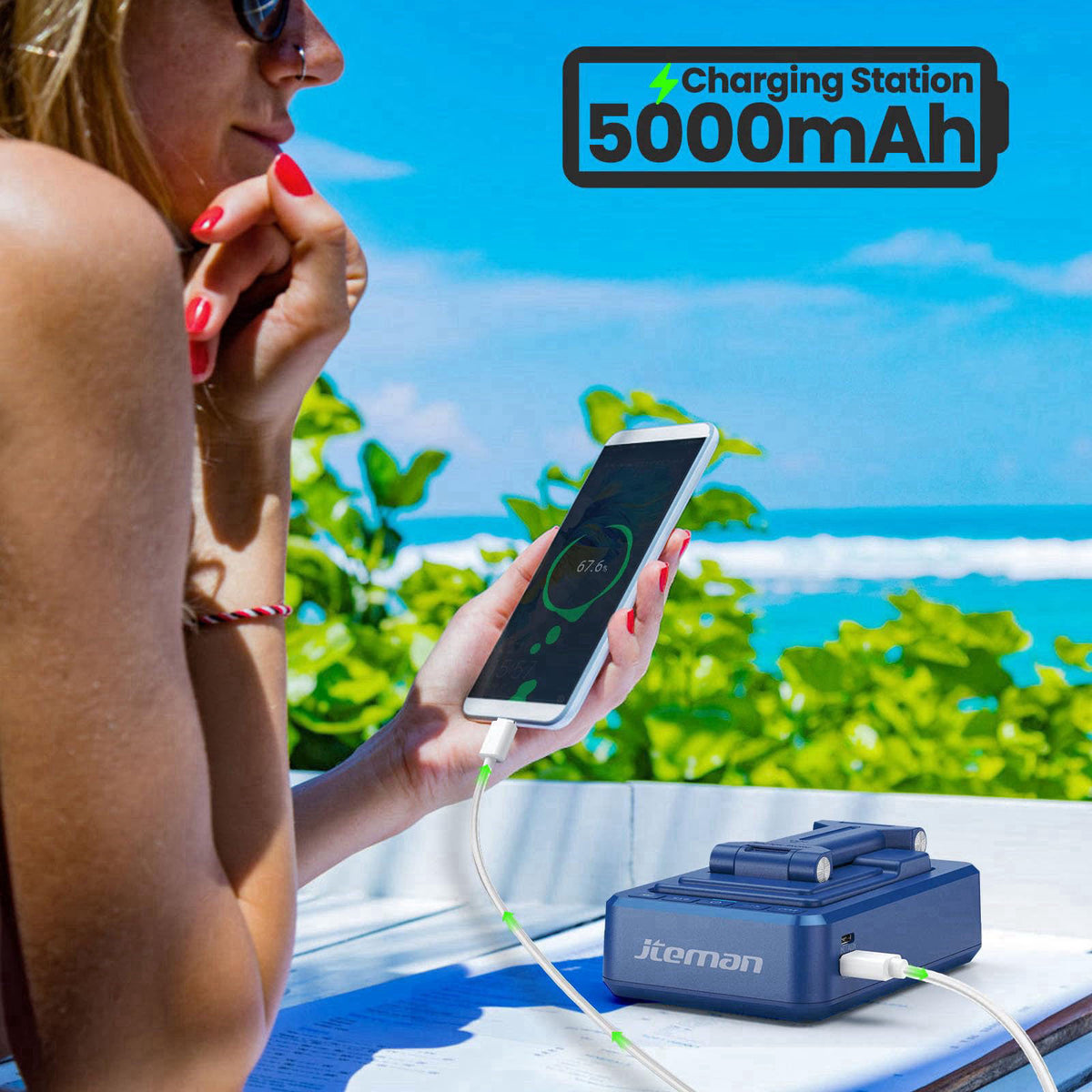 JTEMAN Cell Phone Stand with Bluetooth Speaker and Charging Function – packaging and label
