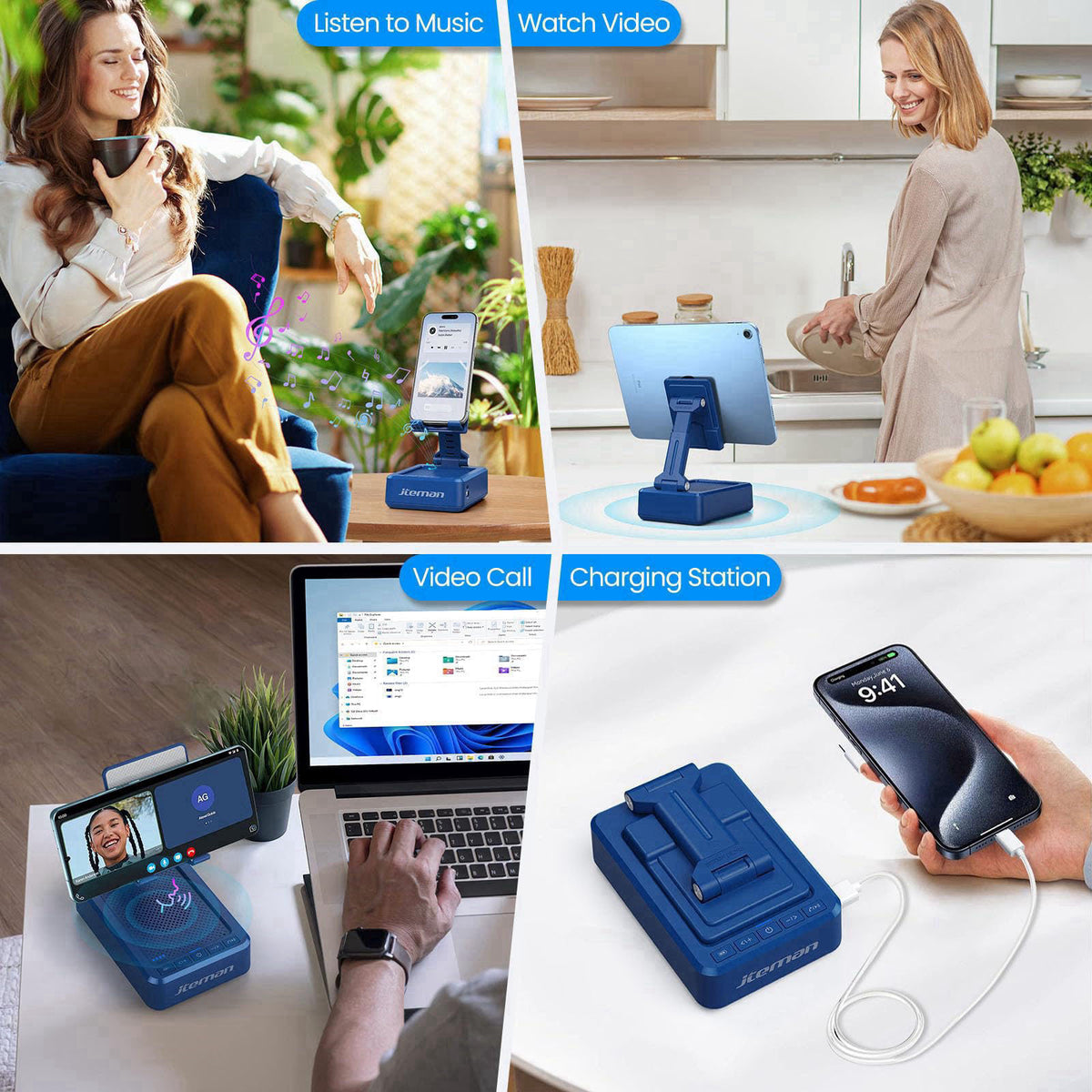 JTEMAN Cell Phone Stand with Bluetooth Speaker and Charging Function – alternate angle