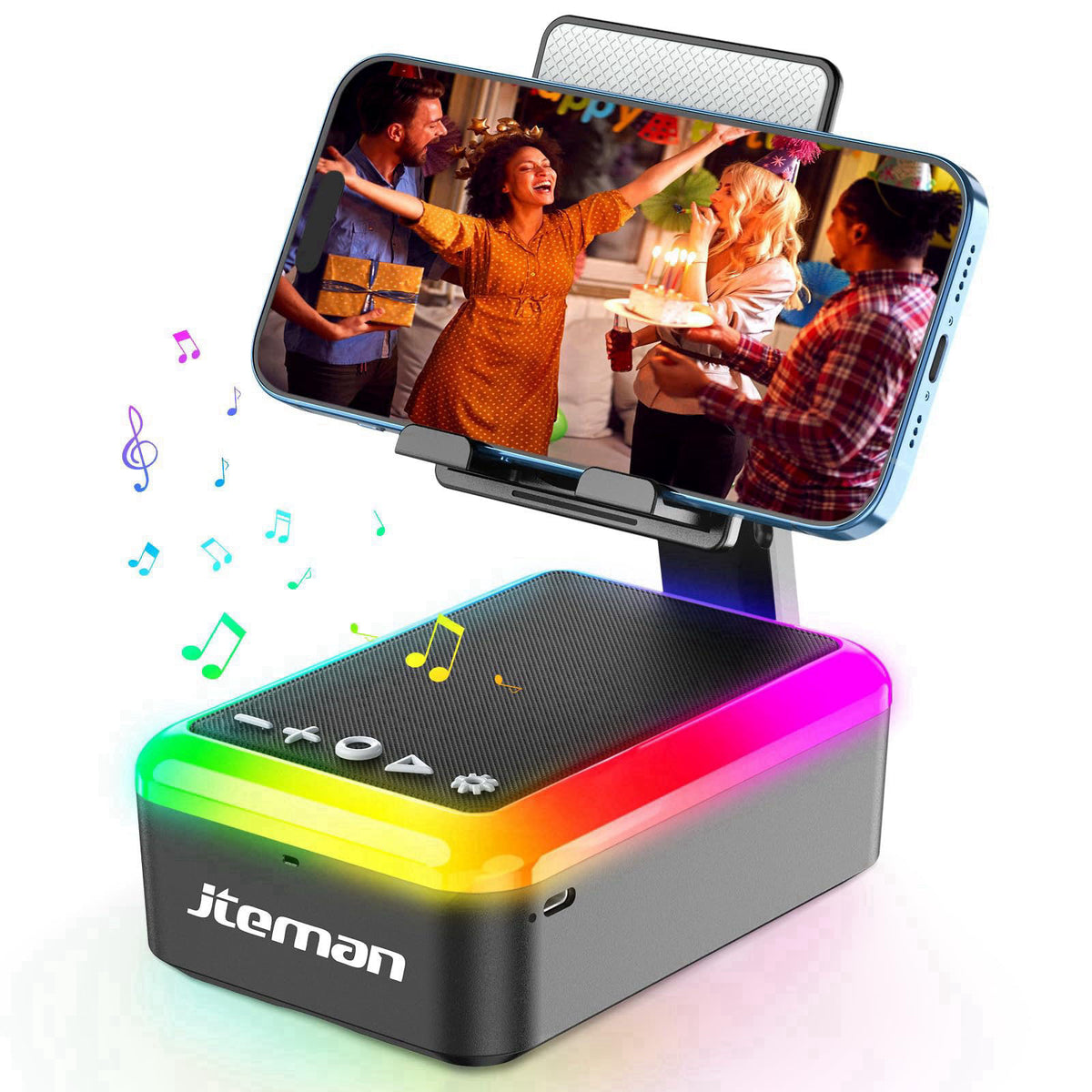JTEMAN Gifts for Men Women, Cell Phone Stand with Bluetooth Speaker and Light, Portable Lanyard, Cool Tech Gifts for Dad