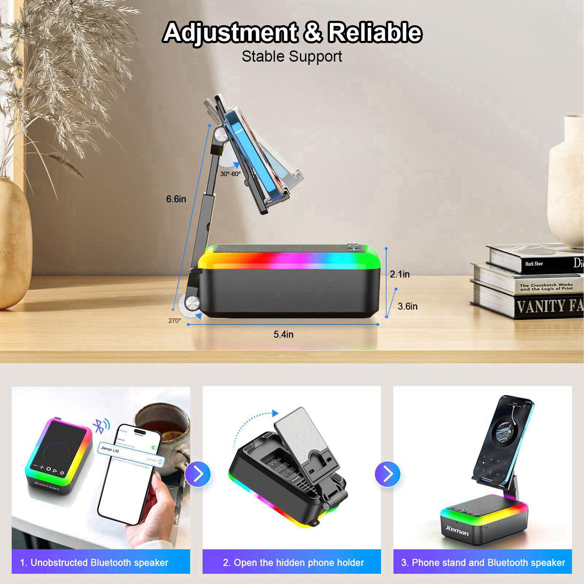 JTEMAN Gifts for Men Women, Cell Phone Stand with Bluetooth Speaker and Light, Portable Lanyard, Cool Tech Gifts for Dad