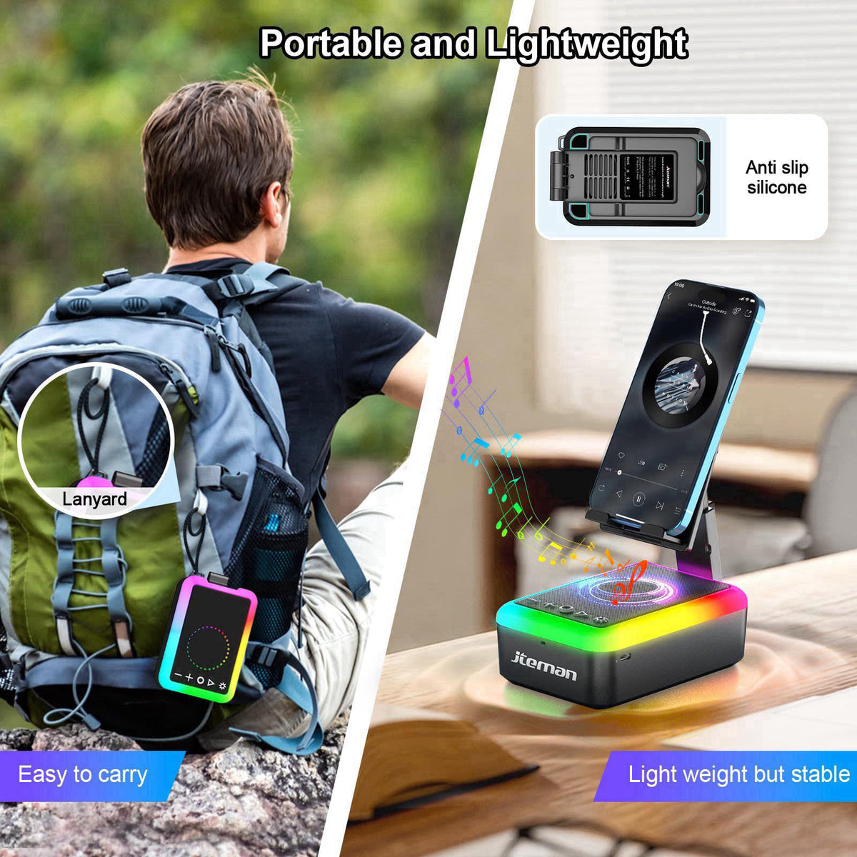 JTEMAN Gifts for Men Women, Cell Phone Stand with Bluetooth Speaker and Light, Portable Lanyard, Cool Tech Gifts for Dad