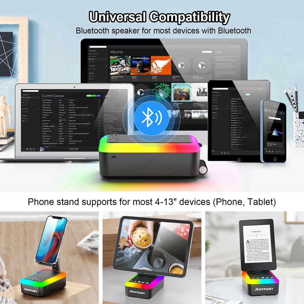 JTEMAN Gifts for Men Women, Cell Phone Stand with Bluetooth Speaker and Light, Portable Lanyard, Cool Tech Gifts for Dad