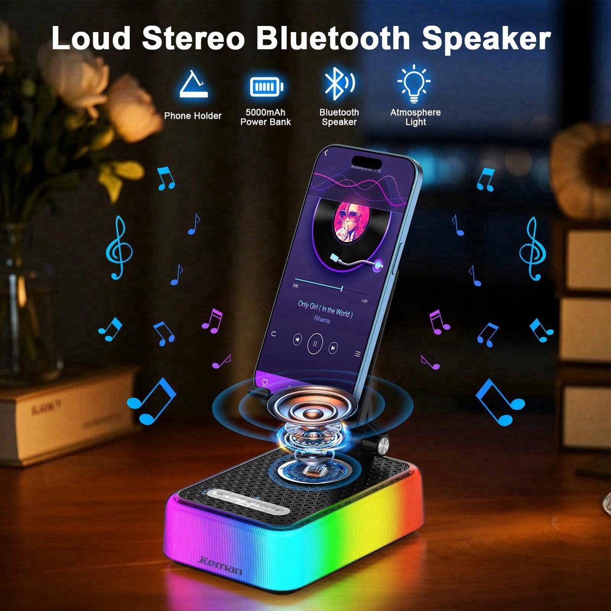 JTEMAN Gifts for Men Women, Phone Stand Bluetooth Speaker with Charging Function and RGB Light, Unique Birthday Gift Ide