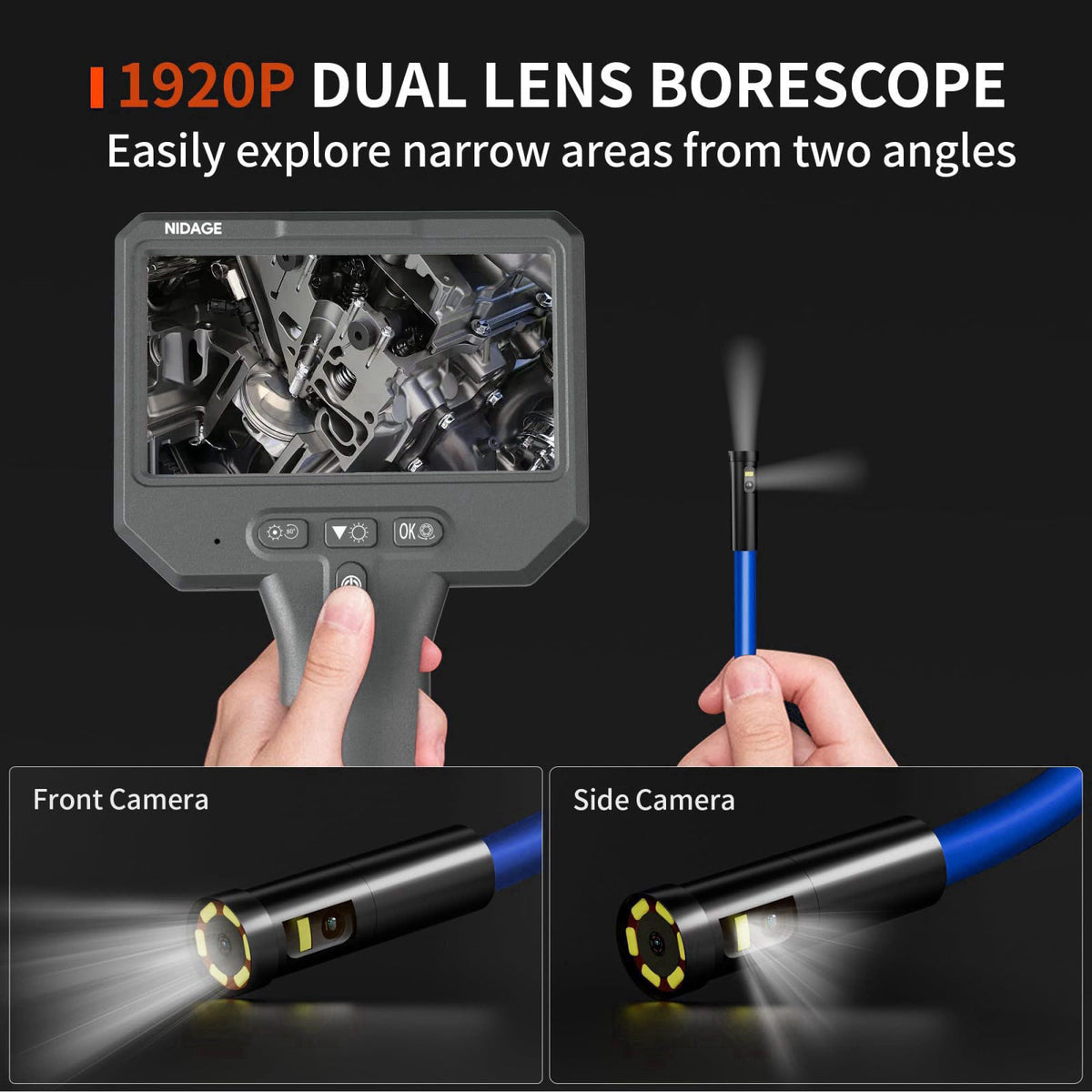 NIDAGE Dual Lens Endoscope Camera with Light, 1920P Industrial Borescope – close-up detail in Grey