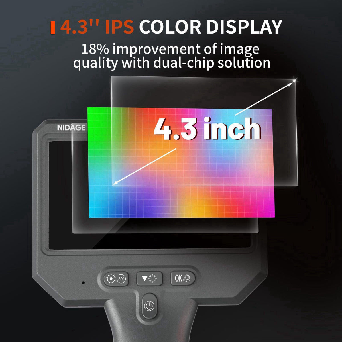 NIDAGE Dual Lens Endoscope Camera with Light, 1920P Industrial Borescope – full view, size 4.3 inches
