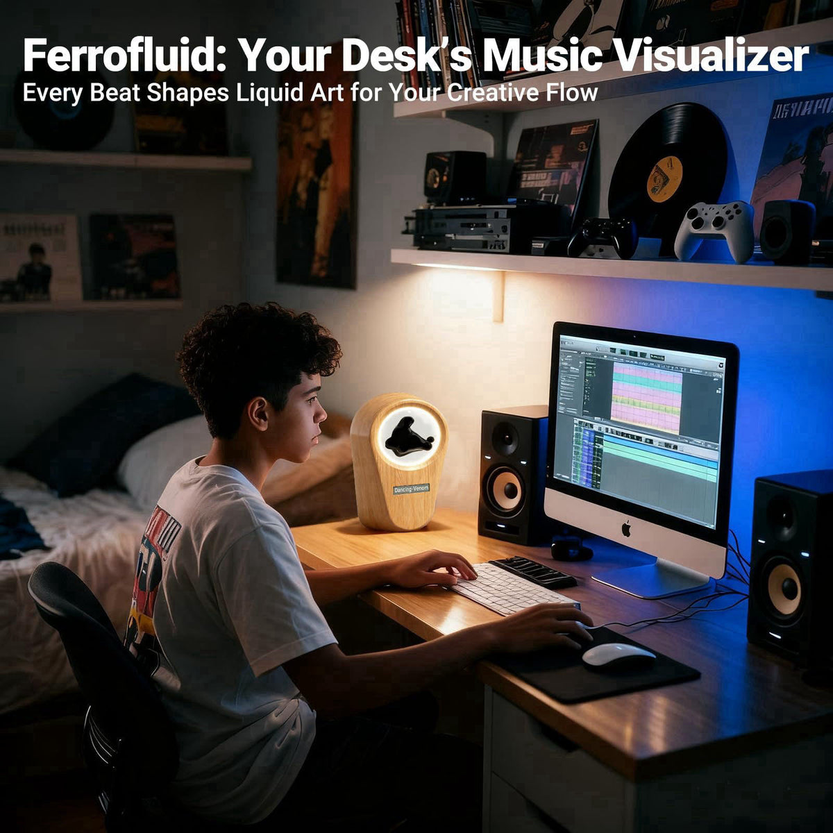 Alltripal Ferrofluid Sound Visualizer, Dancing Ferrofluid Speaker Music Mate, Audio Visualizer Desk Art with Lamp, Valen