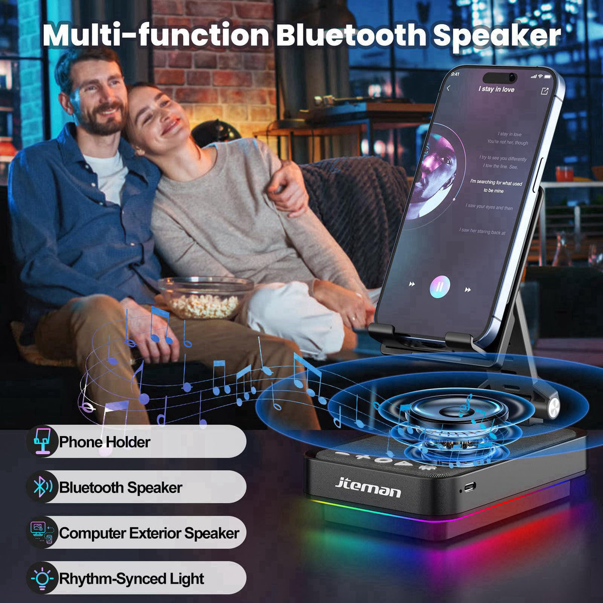 JTEMAN Gifts for Men Cell Phone Stand with Wireless Bluetooth Speaker and Light, Cool Tech Gifts for Men Women Husband D