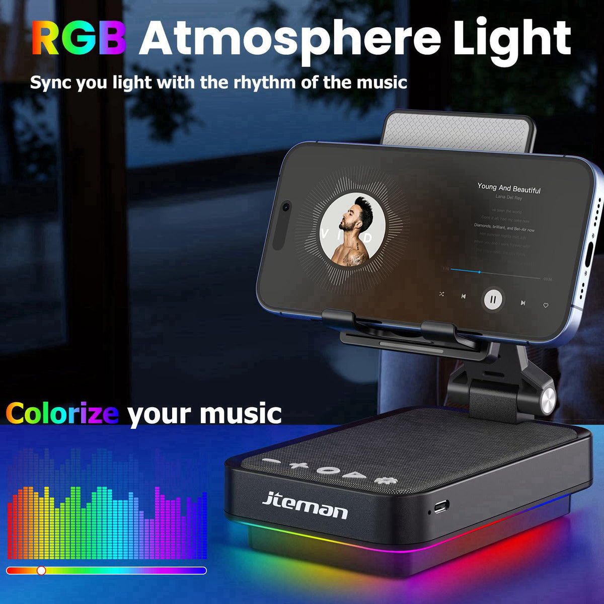 JTEMAN Gifts for Men Cell Phone Stand with Wireless Bluetooth Speaker and Light, Cool Tech Gifts for Men Women Husband D