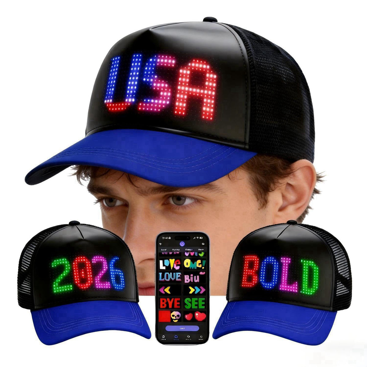 JDVOOTD Programmable LED Hat Bluetooth App Control, Custom Text Smart Baseball Cap, Rave Party Funny Hats, for Men – bac