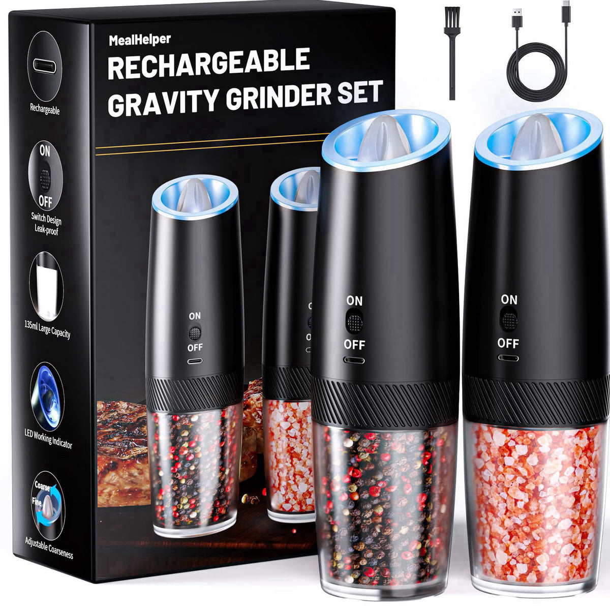 MealHelper Rechargeable Gravity Electric Salt and Pepper Grinder Set with LED Light, Type-C Fast Charging, Adjustable Co