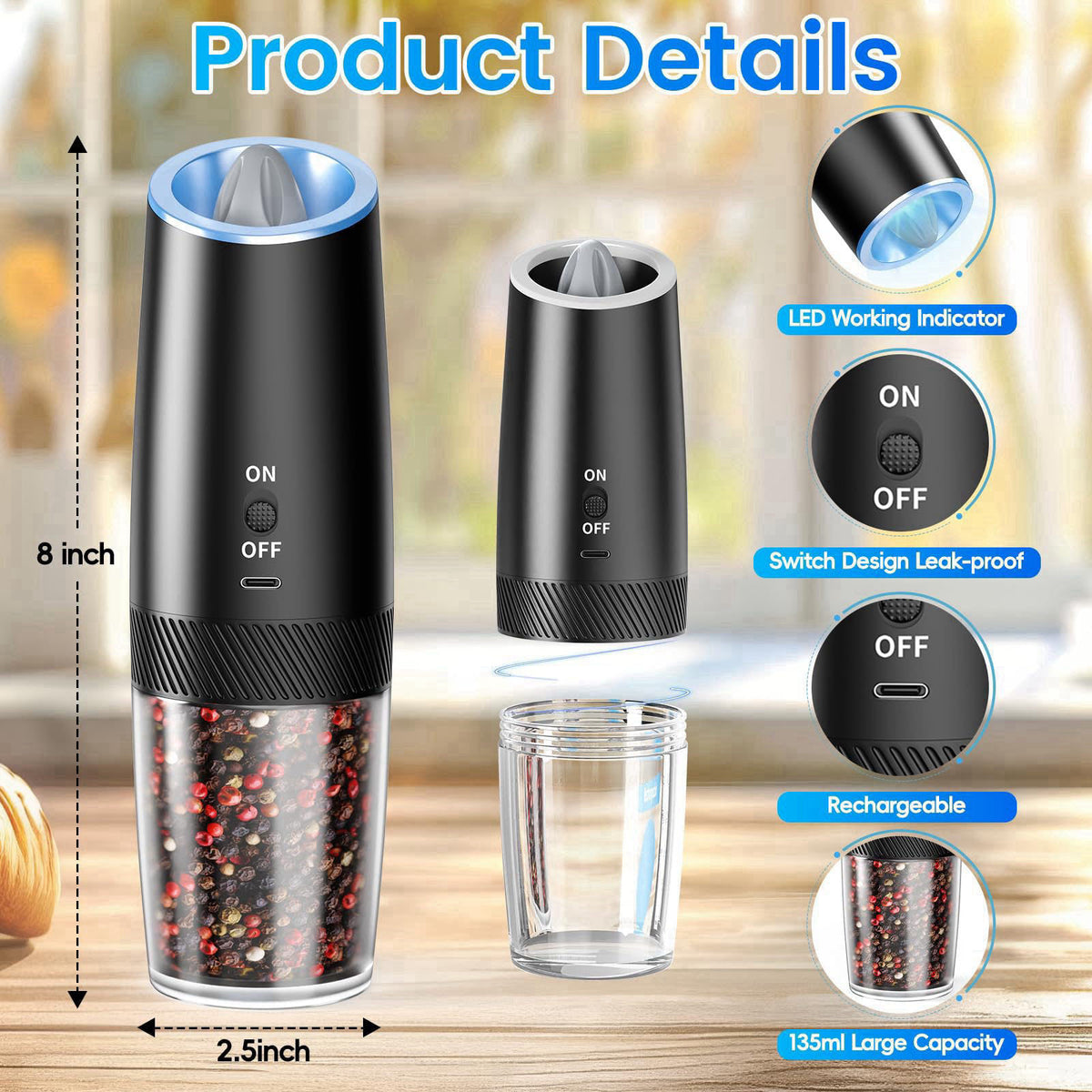 MealHelper Rechargeable Gravity Electric Salt and Pepper Grinder Set with LED Light, Type-C Fast Charging, Adjustable Co
