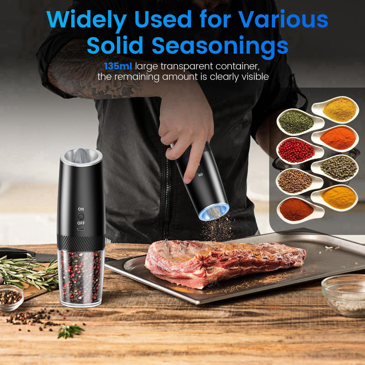 MealHelper Rechargeable Gravity Electric Salt and Pepper Grinder Set with LED Light, Type-C Fast Charging, Adjustable Co