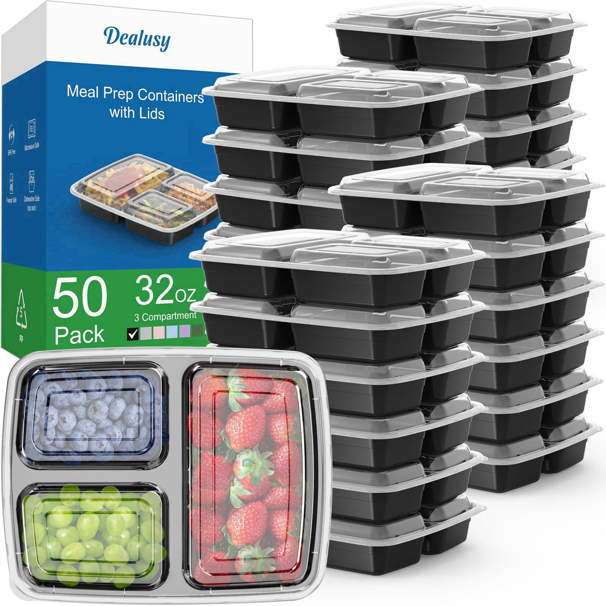 Dealusy 50 Pack 32 oz Meal Prep Containers with Lids 3-Compartment, Black – Plastic, 32 oz