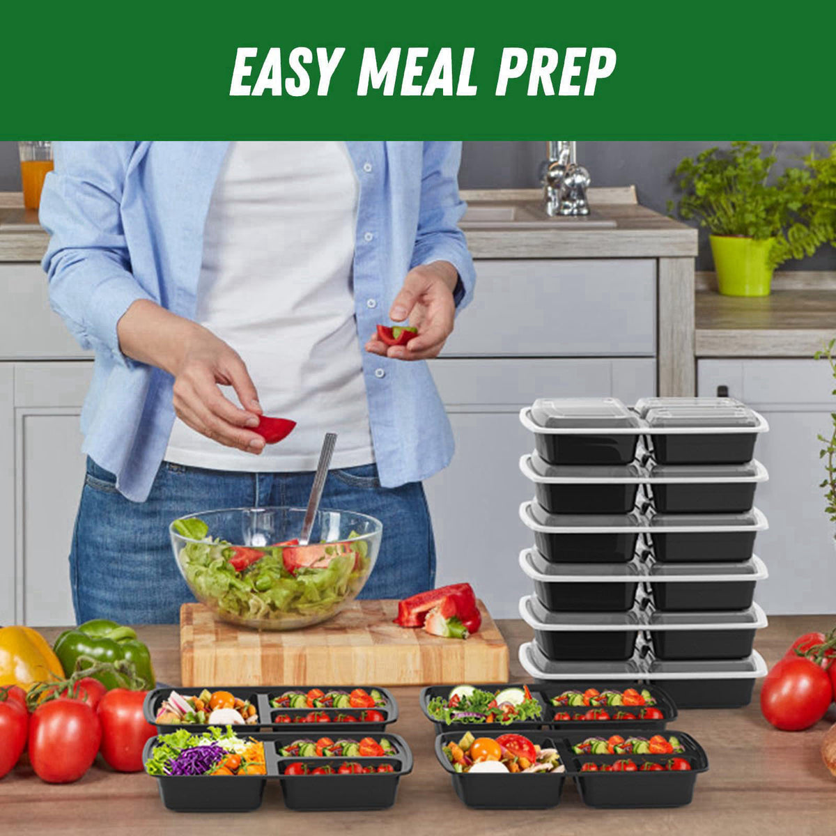 Dealusy 50 Pack 32 oz Meal Prep Containers with Lids 3-Compartment, Black – close-up detail