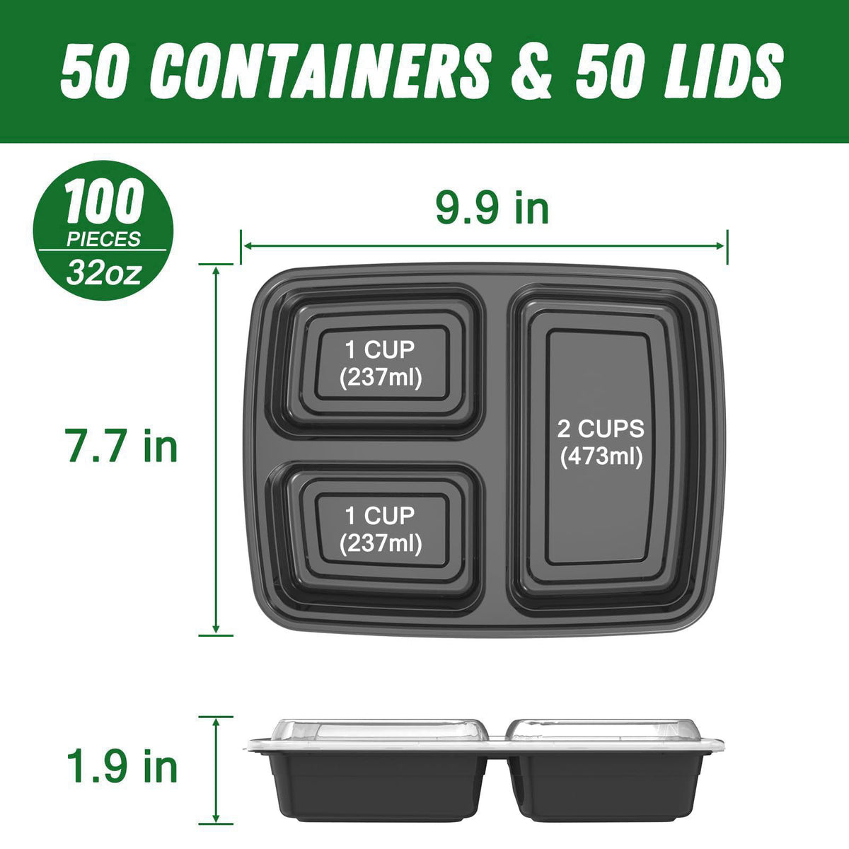 Dealusy 50 Pack 32 oz Meal Prep Containers with Lids 3-Compartment, Black – packaging and label