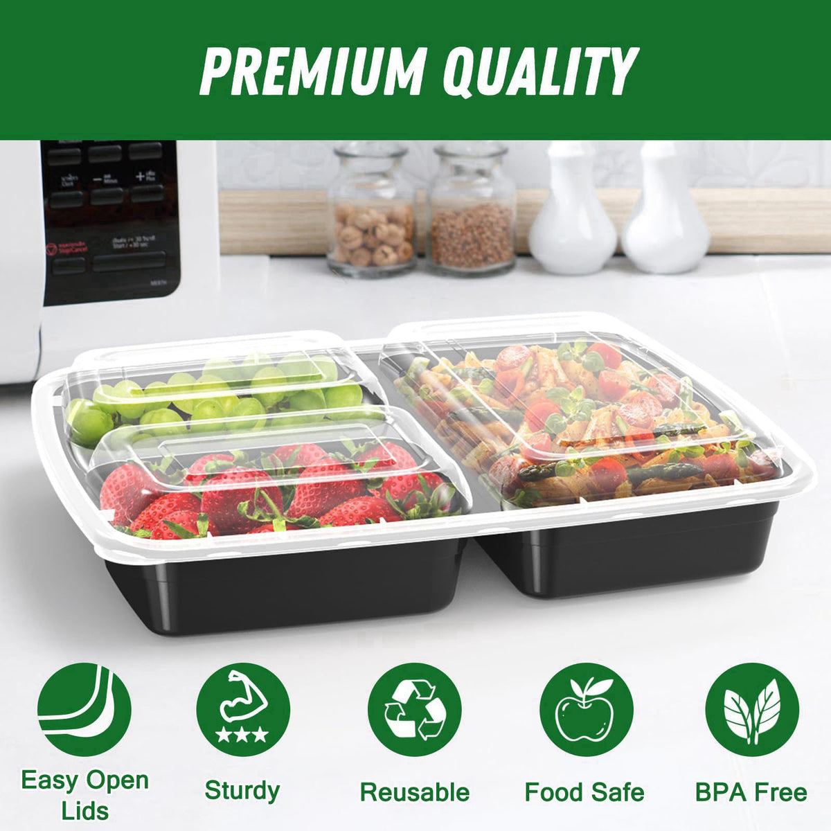 Dealusy 50 Pack 32 oz Meal Prep Containers with Lids 3-Compartment, Black – full view, size 32 oz
