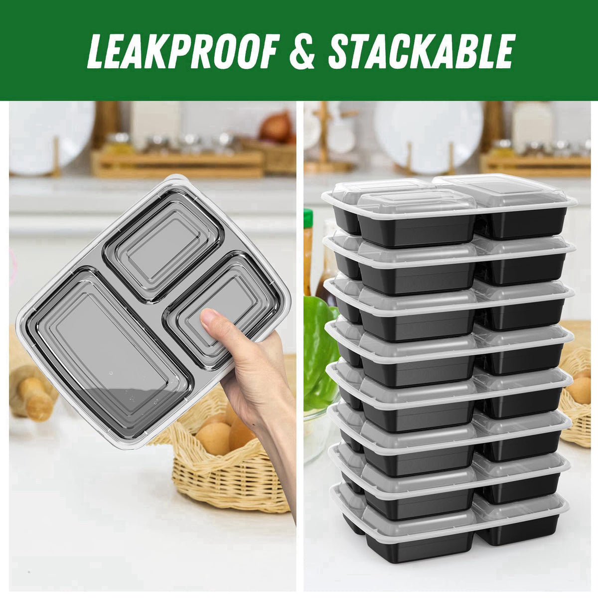 Dealusy 50 Pack 32 oz Meal Prep Containers with Lids 3-Compartment, Black – back view and specifications