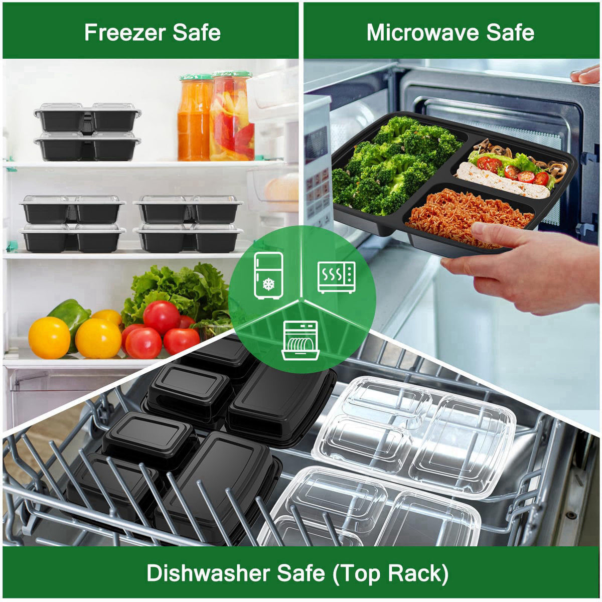 Dealusy 50 Pack 32 oz Meal Prep Containers with Lids 3-Compartment, Black – alternate angle